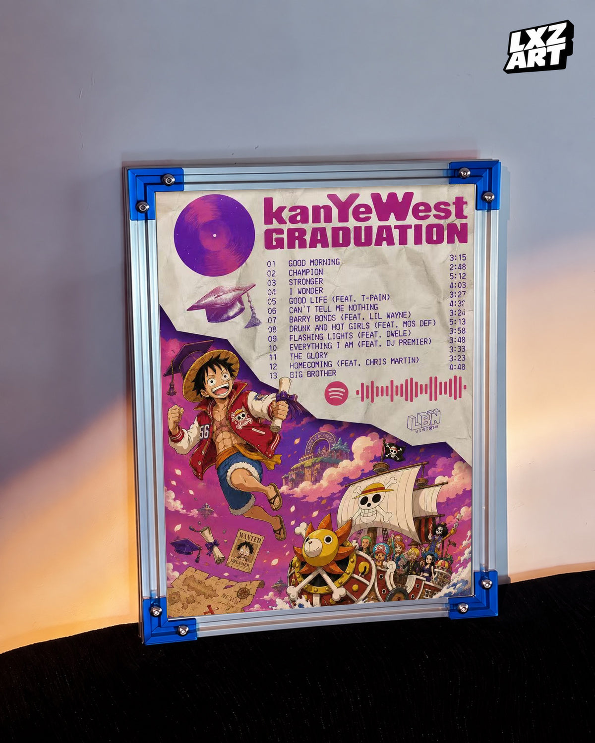 Kanye West Graduation One Piece Inspired Tracklist Poster | Unframed Anime Wall Art — LXZART display 3; frame not included