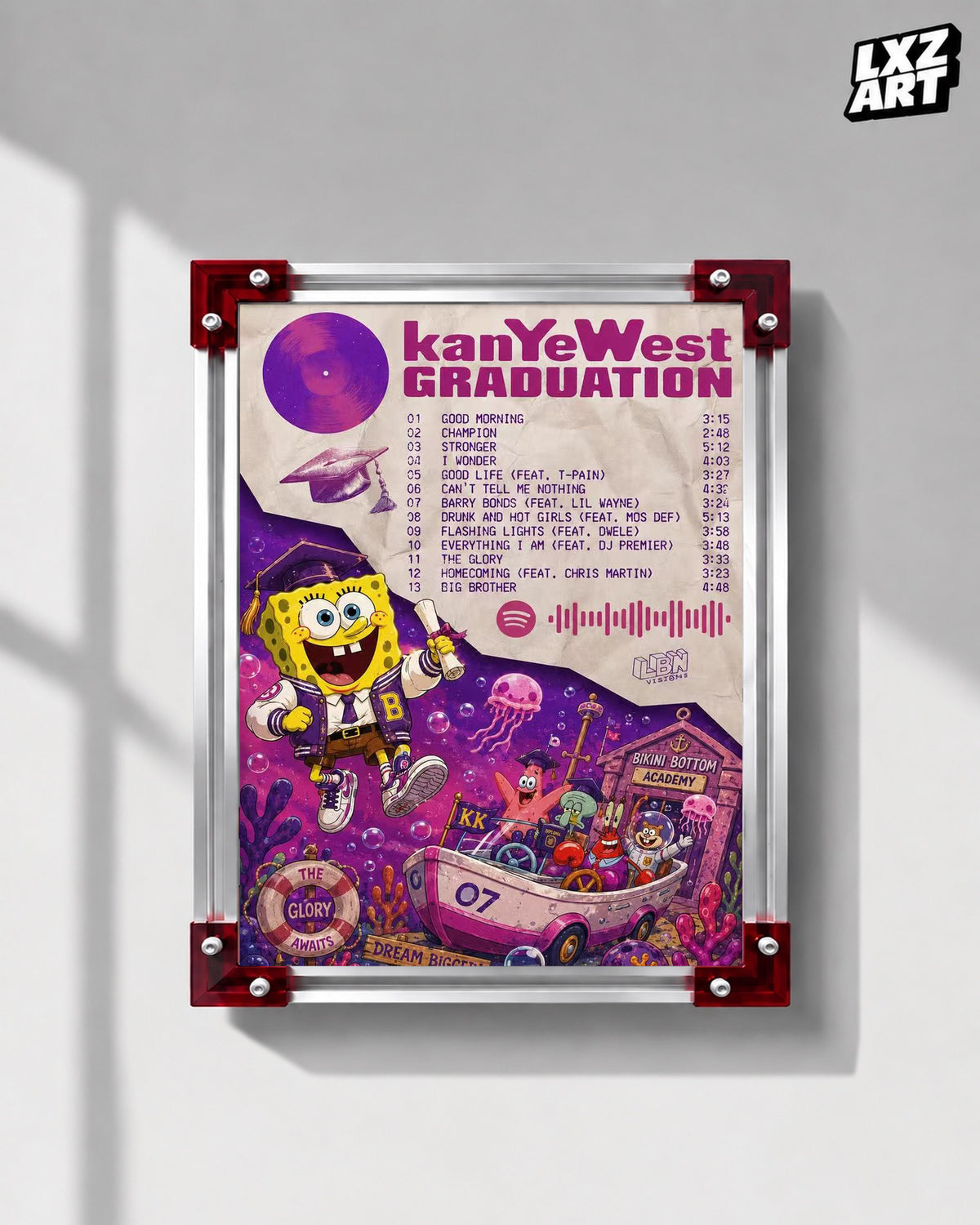 Kanye West Graduation SpongeBob Inspired Tracklist Poster | Unframed Bedroom Wall Art — LXZART display 1; frame not included