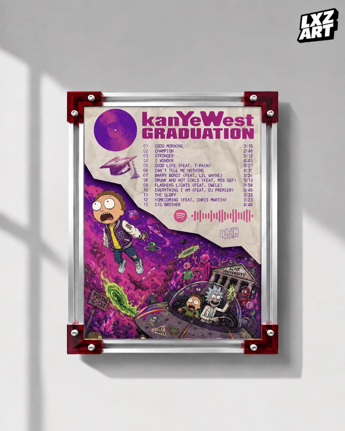 Kanye West Graduation Rick and Morty Inspired Tracklist Poster | Unframed Sci-Fi Wall Art — LXZART display 1; frame not included
