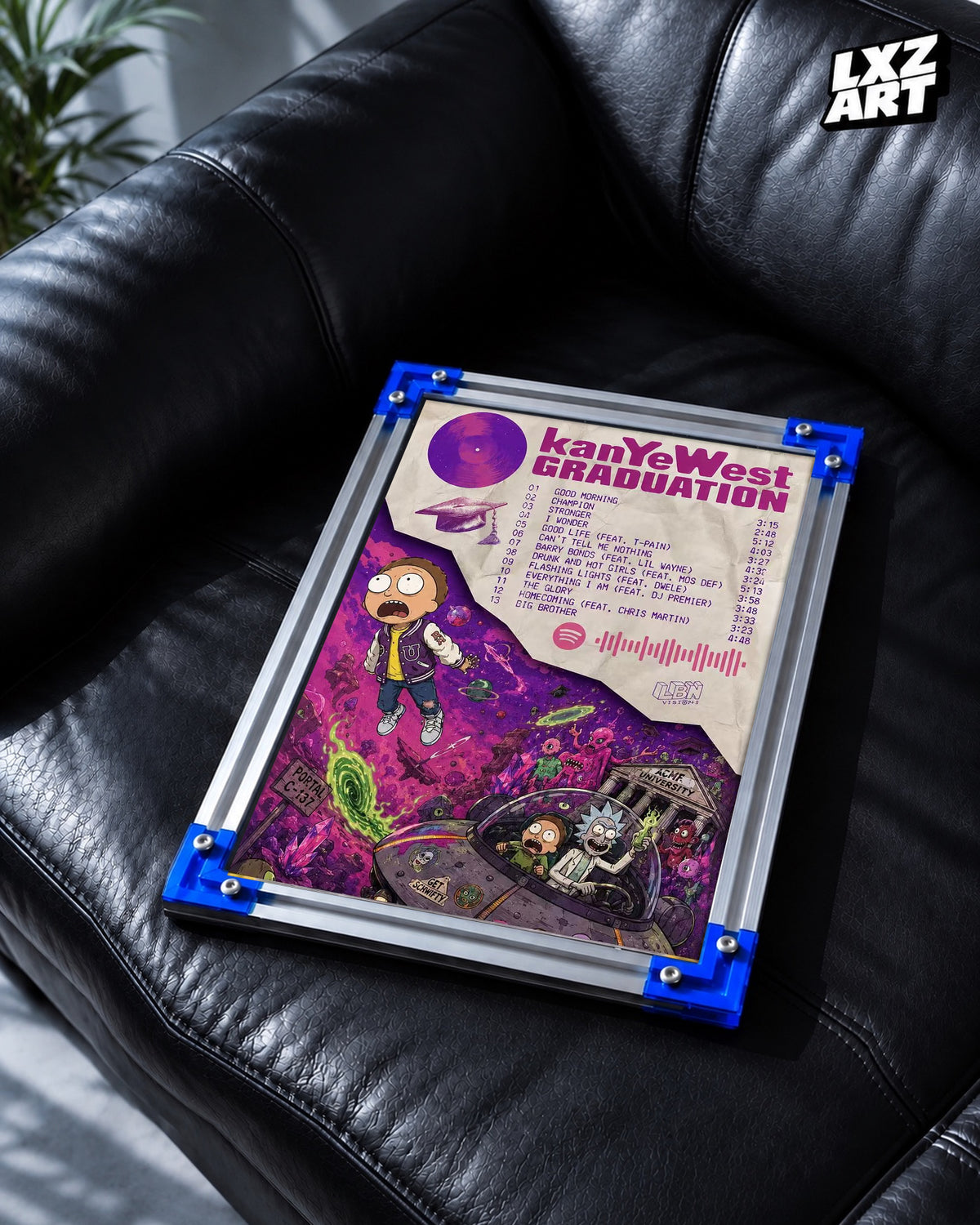 Kanye West Graduation Rick and Morty Inspired Tracklist Poster | Unframed Sci-Fi Wall Art — LXZART display 2; frame not included