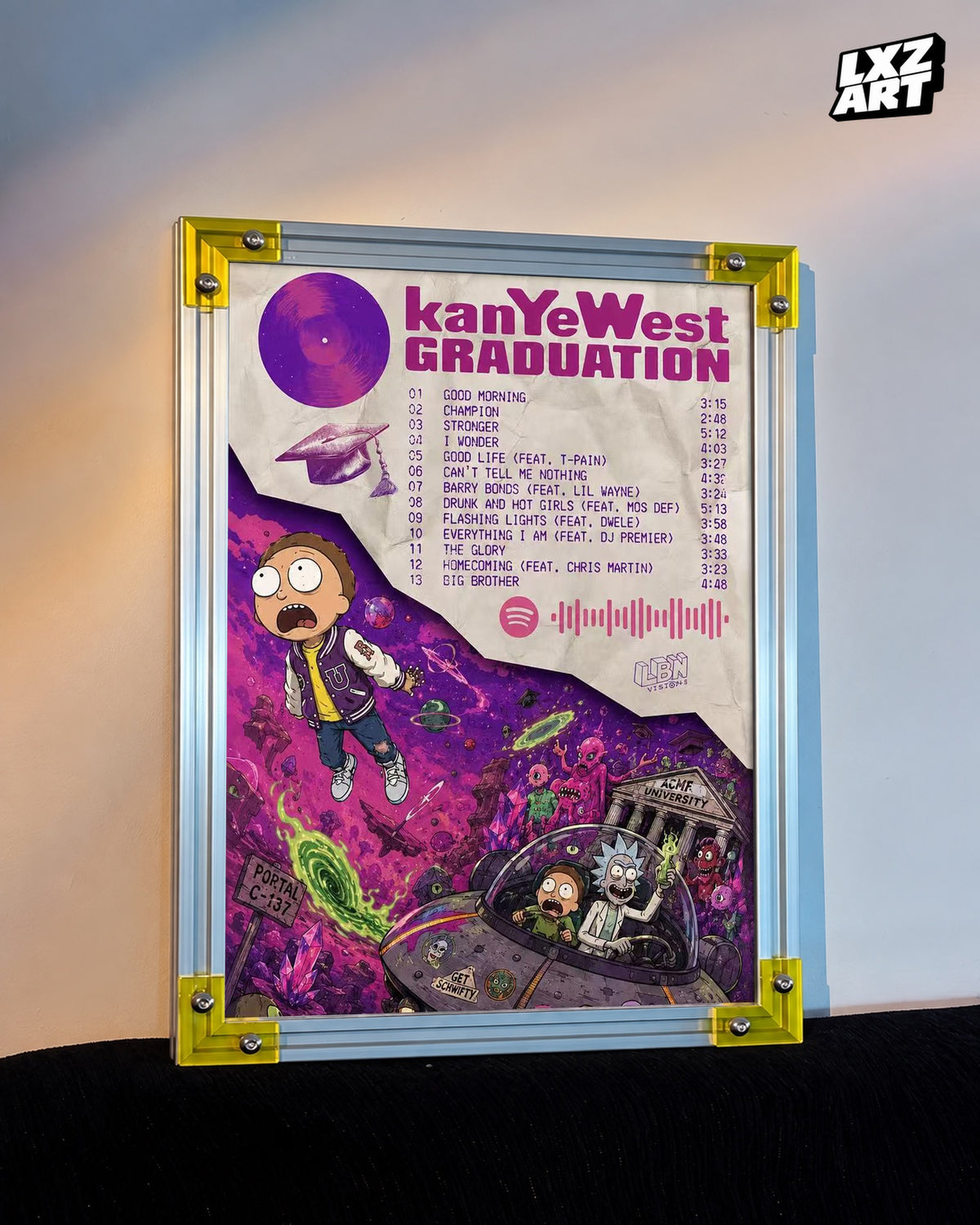 Kanye West Graduation Rick and Morty Inspired Tracklist Poster | Unframed Sci-Fi Wall Art — LXZART display 3; frame not included