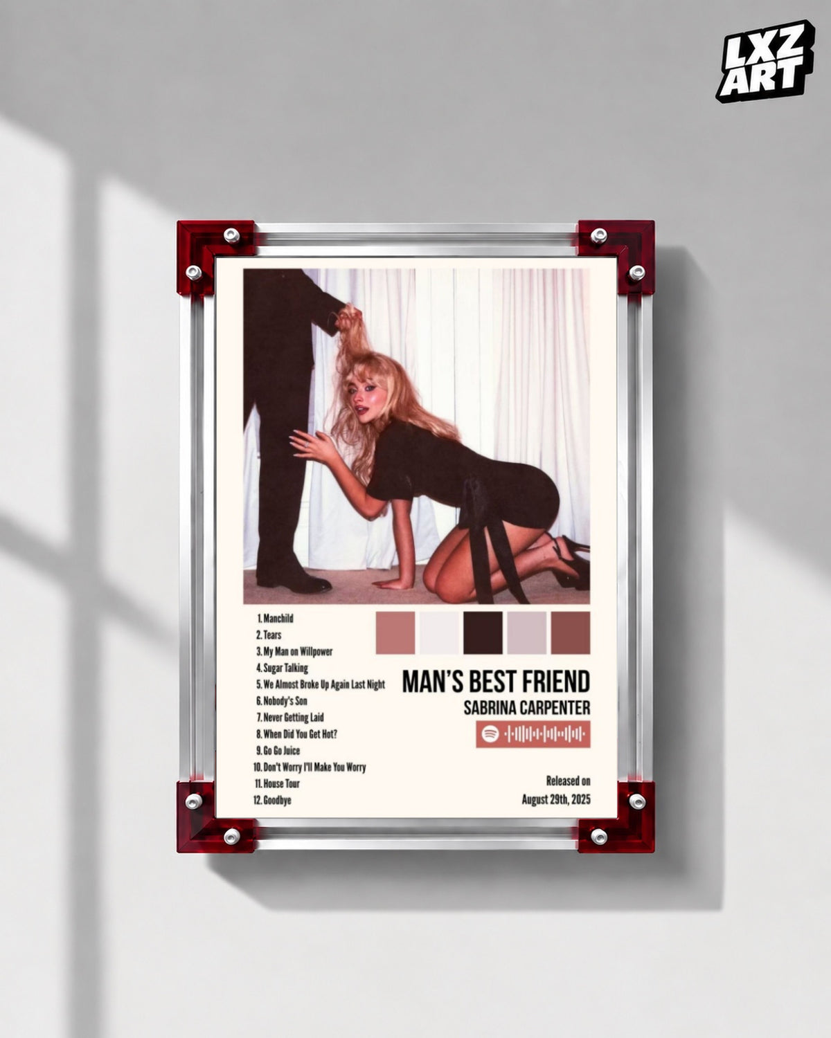 Sabrina Carpenter Man’s Best Friend Tracklist Poster | Unframed Bedroom Wall Art — LXZART display 1; frame not included