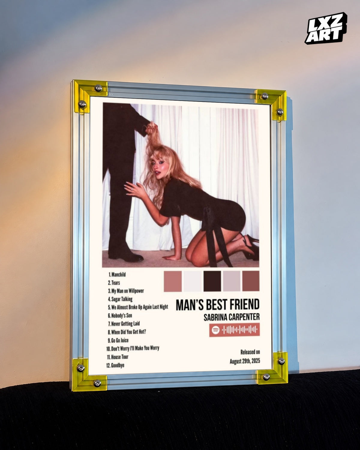 Sabrina Carpenter Man’s Best Friend Tracklist Poster | Unframed Bedroom Wall Art — LXZART display 3; frame not included