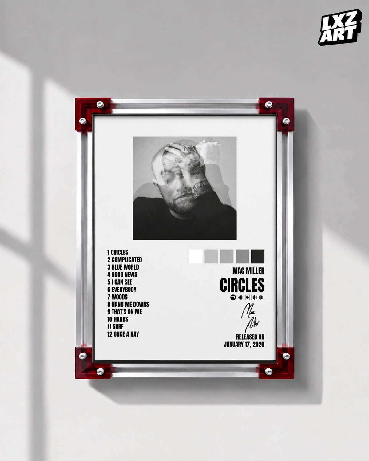Mac Miller Circles Tracklist Poster | Unframed Bedroom Wall Art — LXZART display 1; frame not included