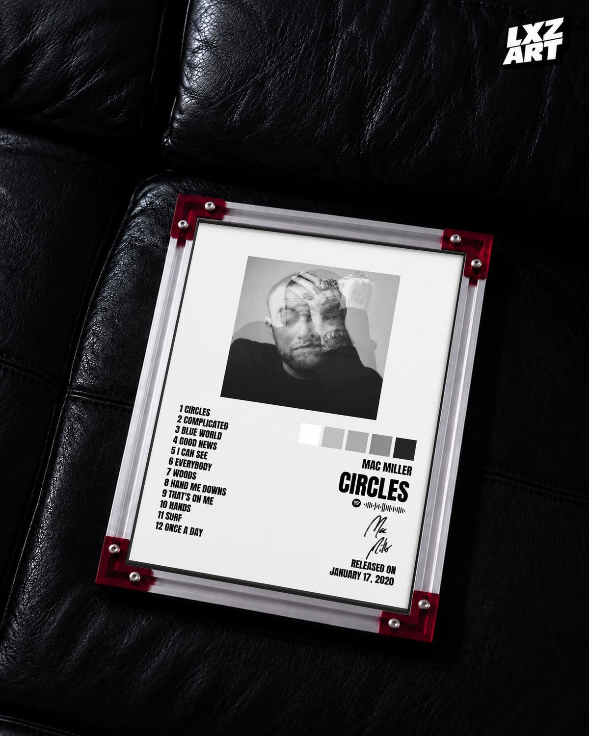 Mac Miller Circles Tracklist Poster | Unframed Bedroom Wall Art — LXZART display 2; frame not included