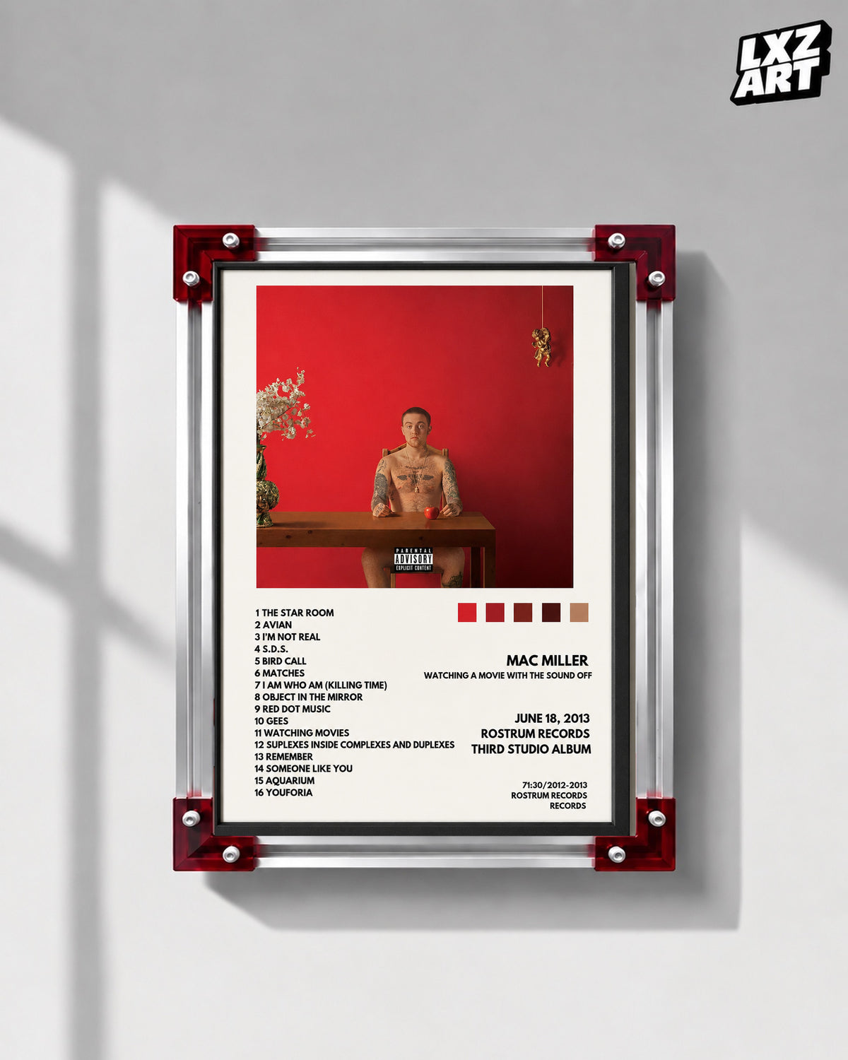 Mac Miller Watching Movies with the Sound Off Tracklist Poster | Unframed Bedroom Wall Art — LXZART display 1; frame not included
