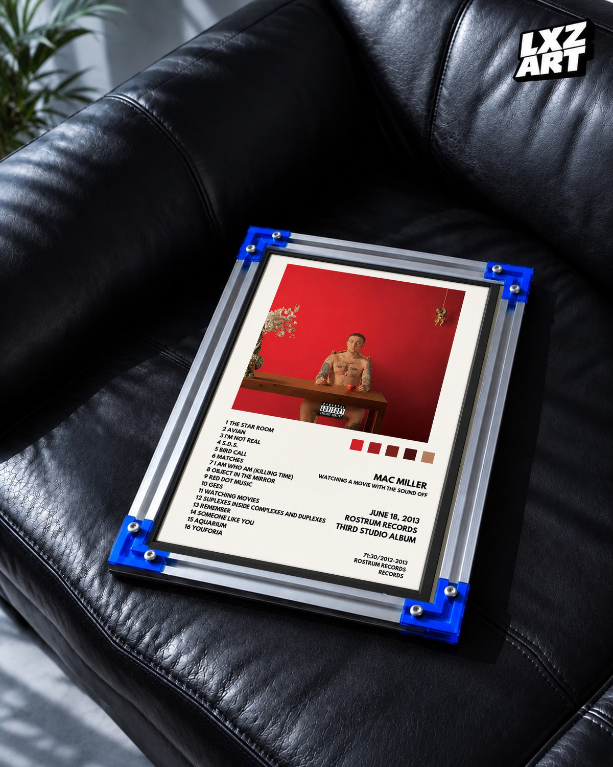 Mac Miller Watching Movies with the Sound Off Tracklist Poster | Unframed Bedroom Wall Art — LXZART display 2; frame not included