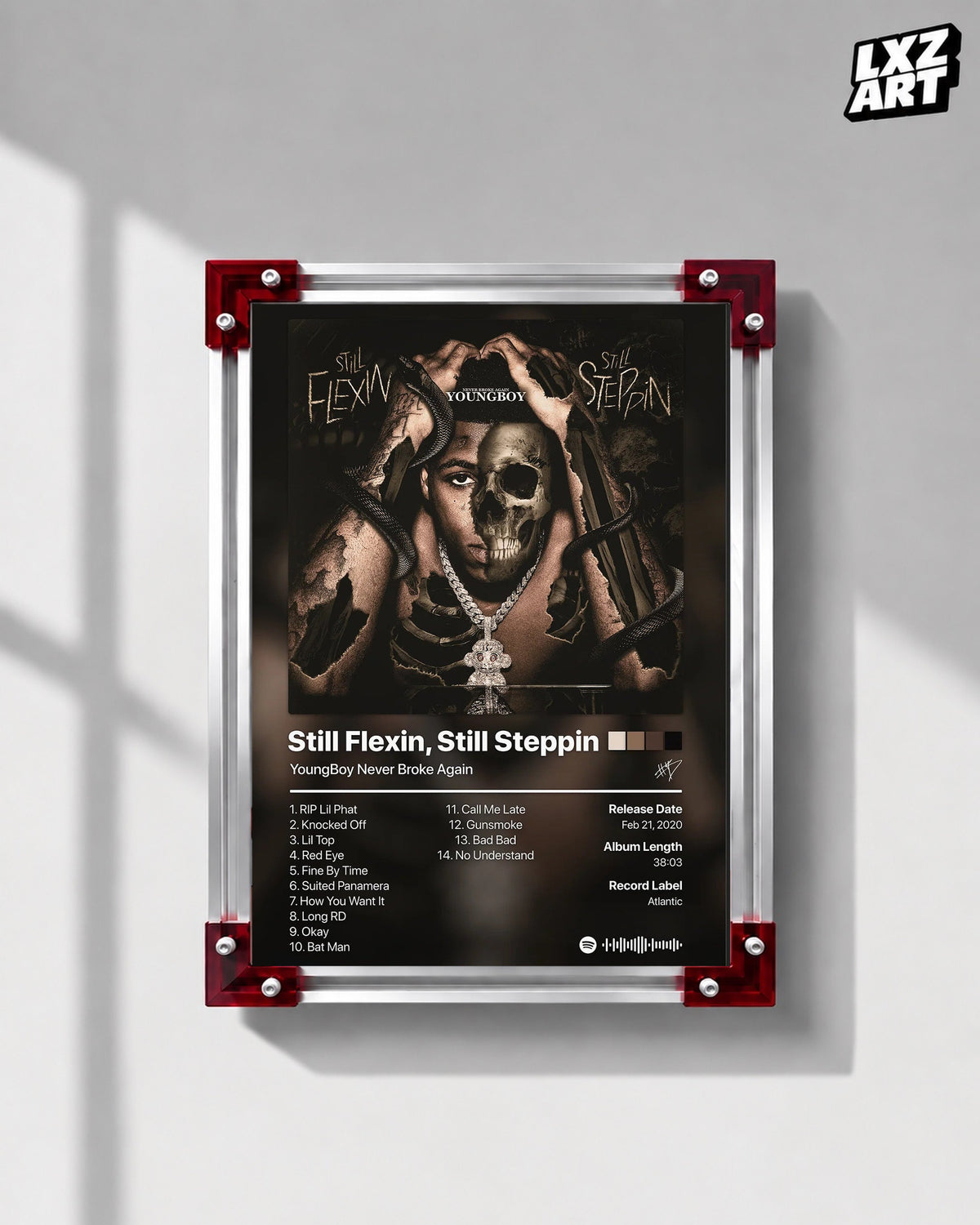 YoungBoy Never Broke Again Still Flexin, Still Steppin Tracklist Poster | Unframed Bedroom Wall Art — LXZART display 1; frame not included