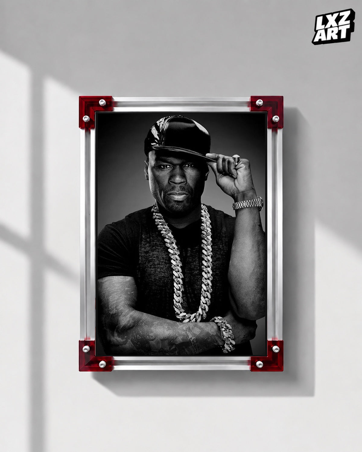 50 Cent Monochrome Chain Portrait Poster | Unframed Wall Art — LXZART display 1; frame not included