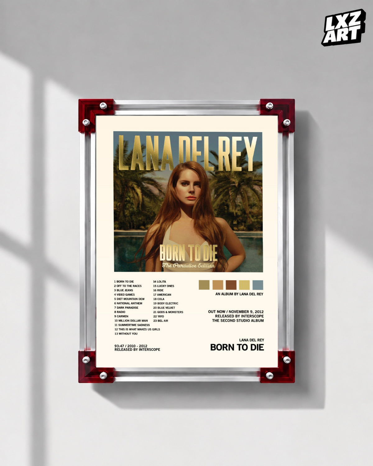 Lana Del Rey Born to Die Paradise Edition Tracklist Poster | Unframed Wall Art — LXZART display 1; frame not included