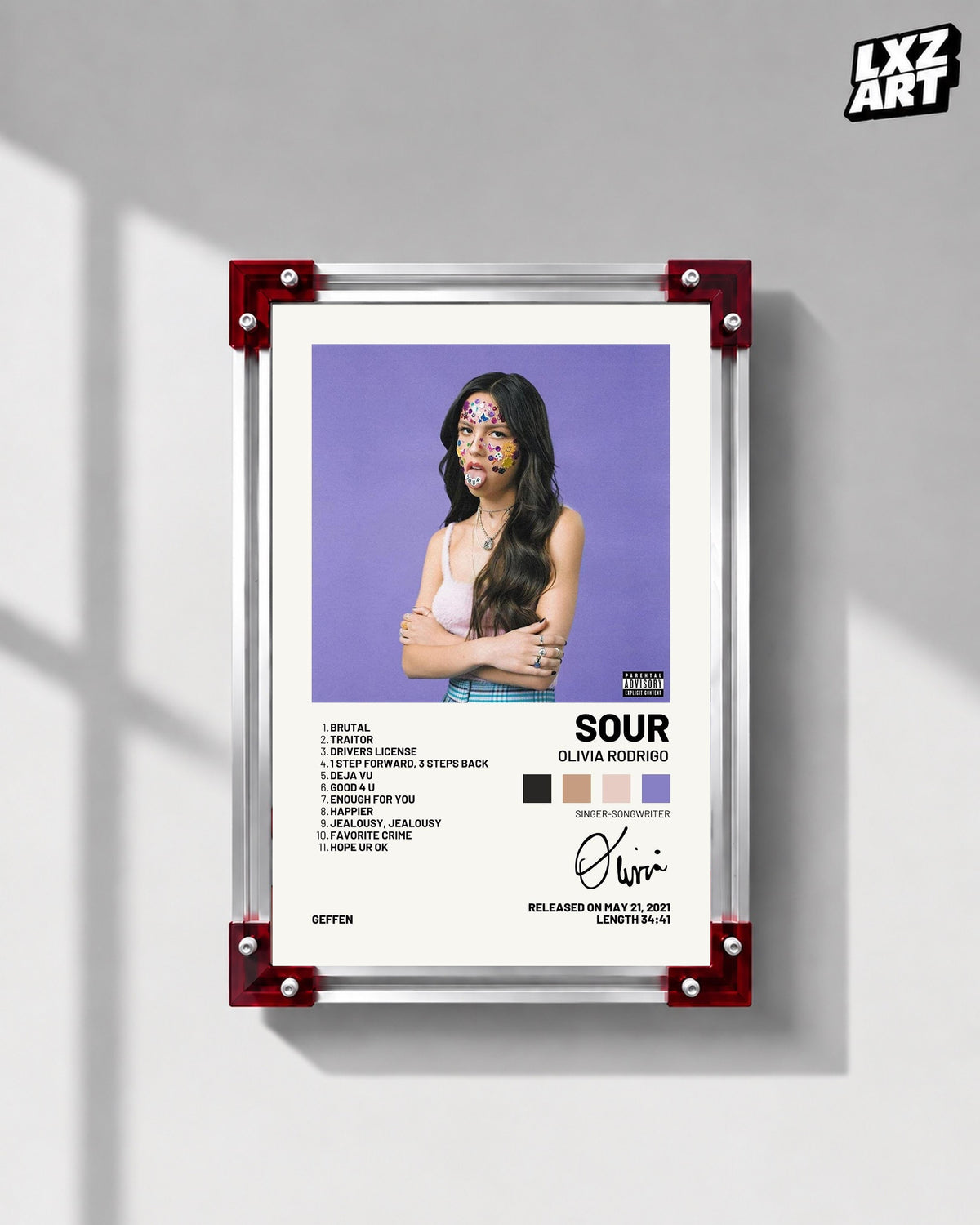 Olivia Rodrigo SOUR Palette Tracklist Album Poster | Unframed Wall Art — LXZART display 1; frame not included