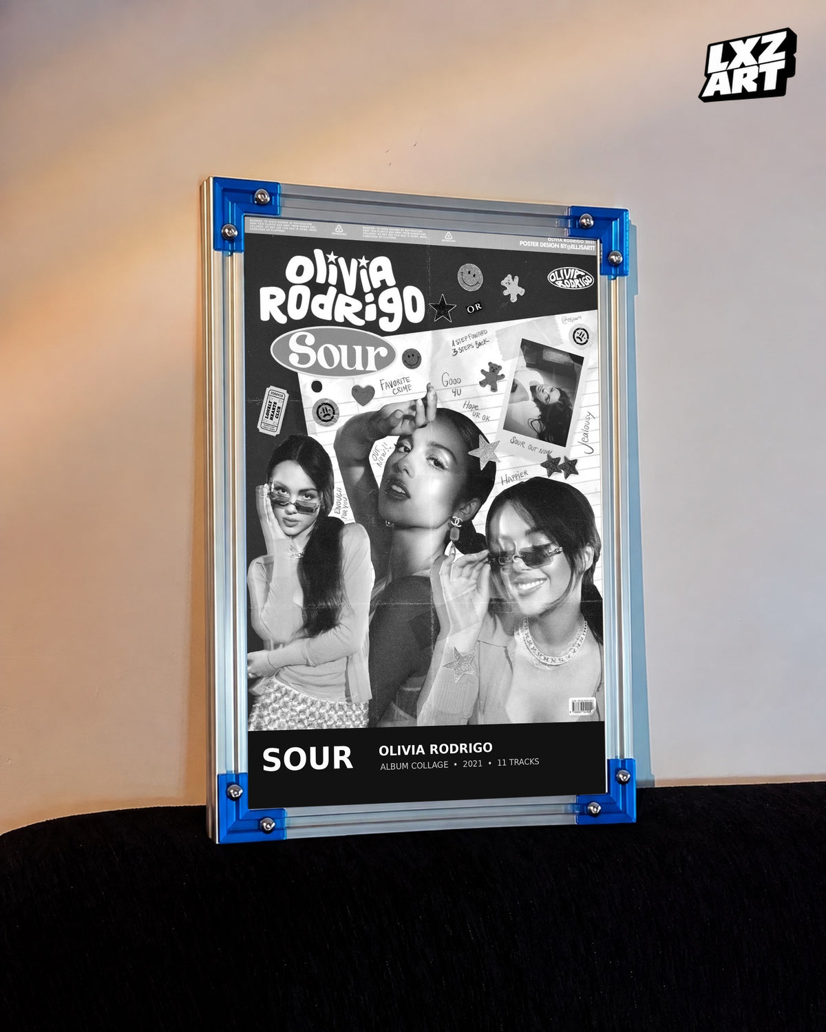 Olivia Rodrigo SOUR Black & White Collage Album Poster | Unframed Wall Art — LXZART display 3; frame not included