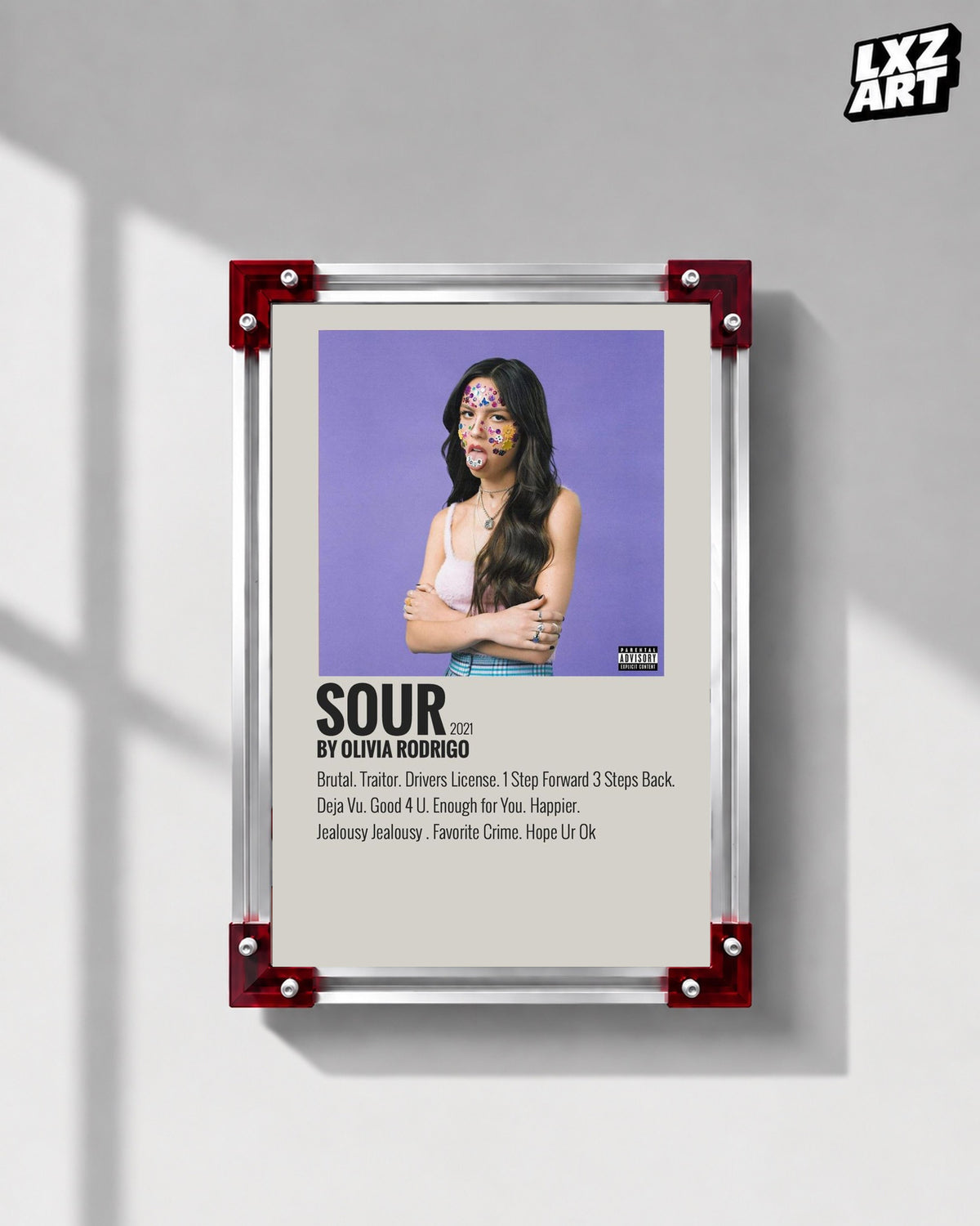 Olivia Rodrigo SOUR Minimalist Album Tracklist Poster | Unframed Wall Art — LXZART display 1; frame not included