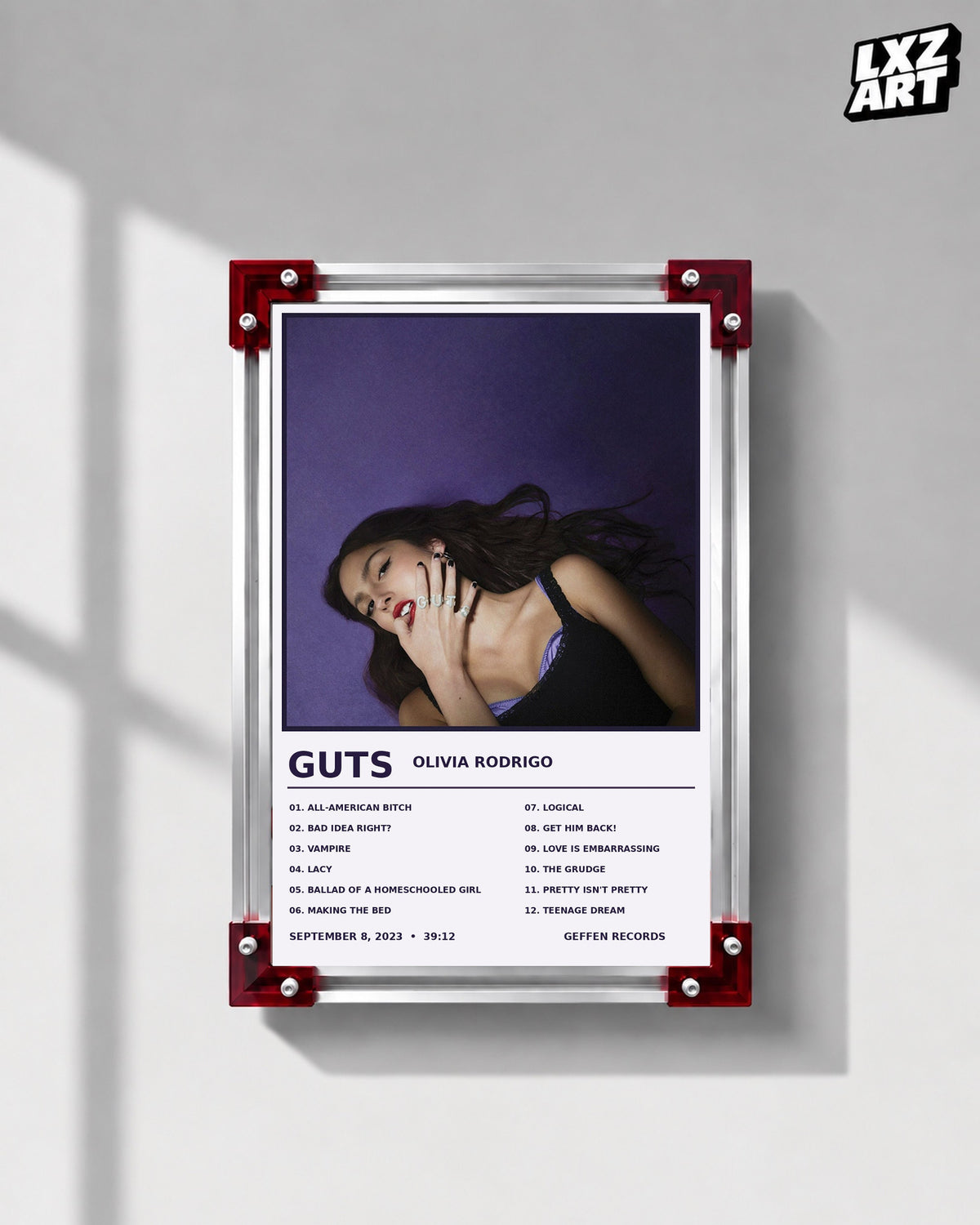 Olivia Rodrigo GUTS Album Tracklist Poster | Unframed Wall Art — LXZART display 1; frame not included