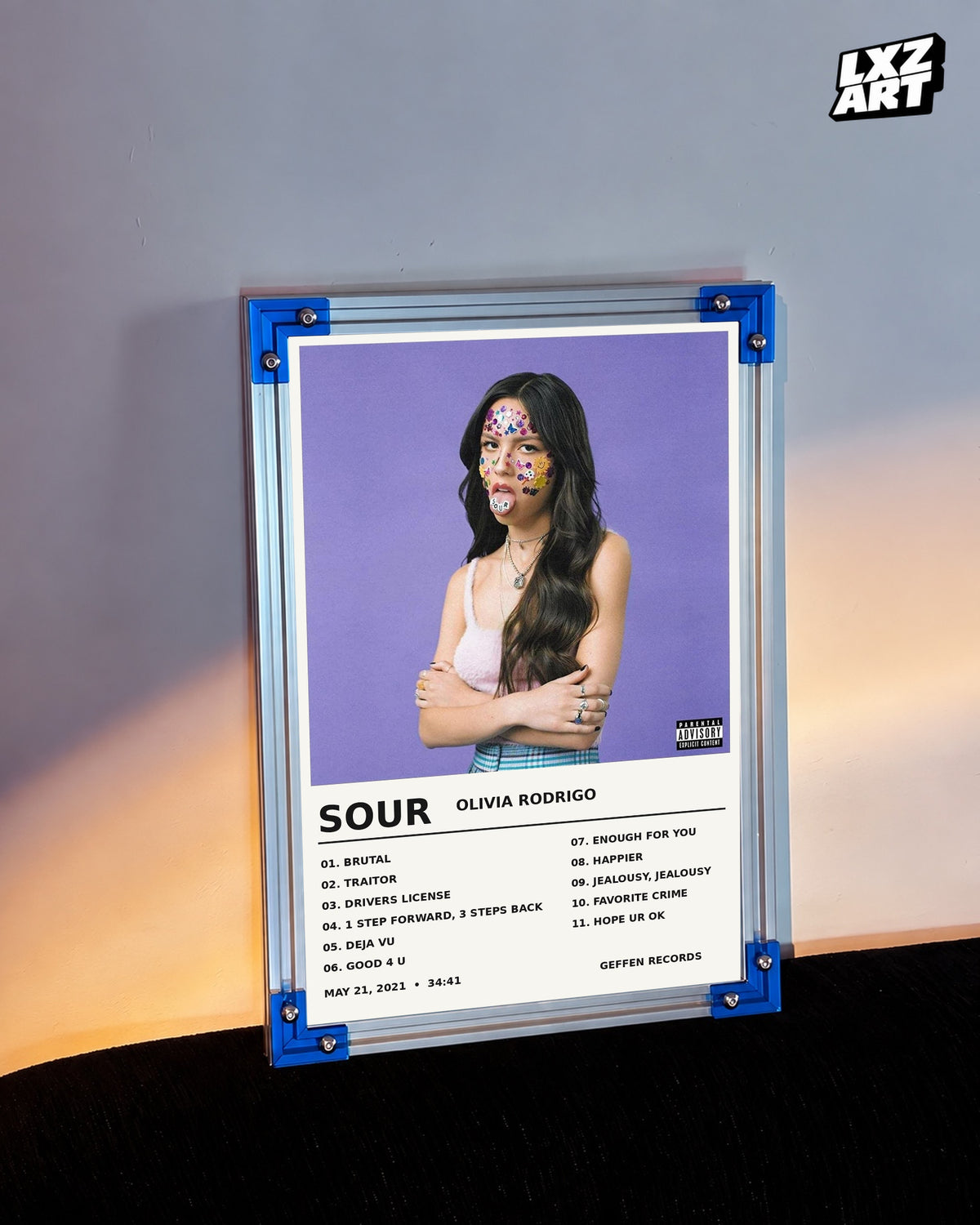 Olivia Rodrigo SOUR Album Stats Tracklist Poster | Unframed Wall Art — LXZART display 3; frame not included