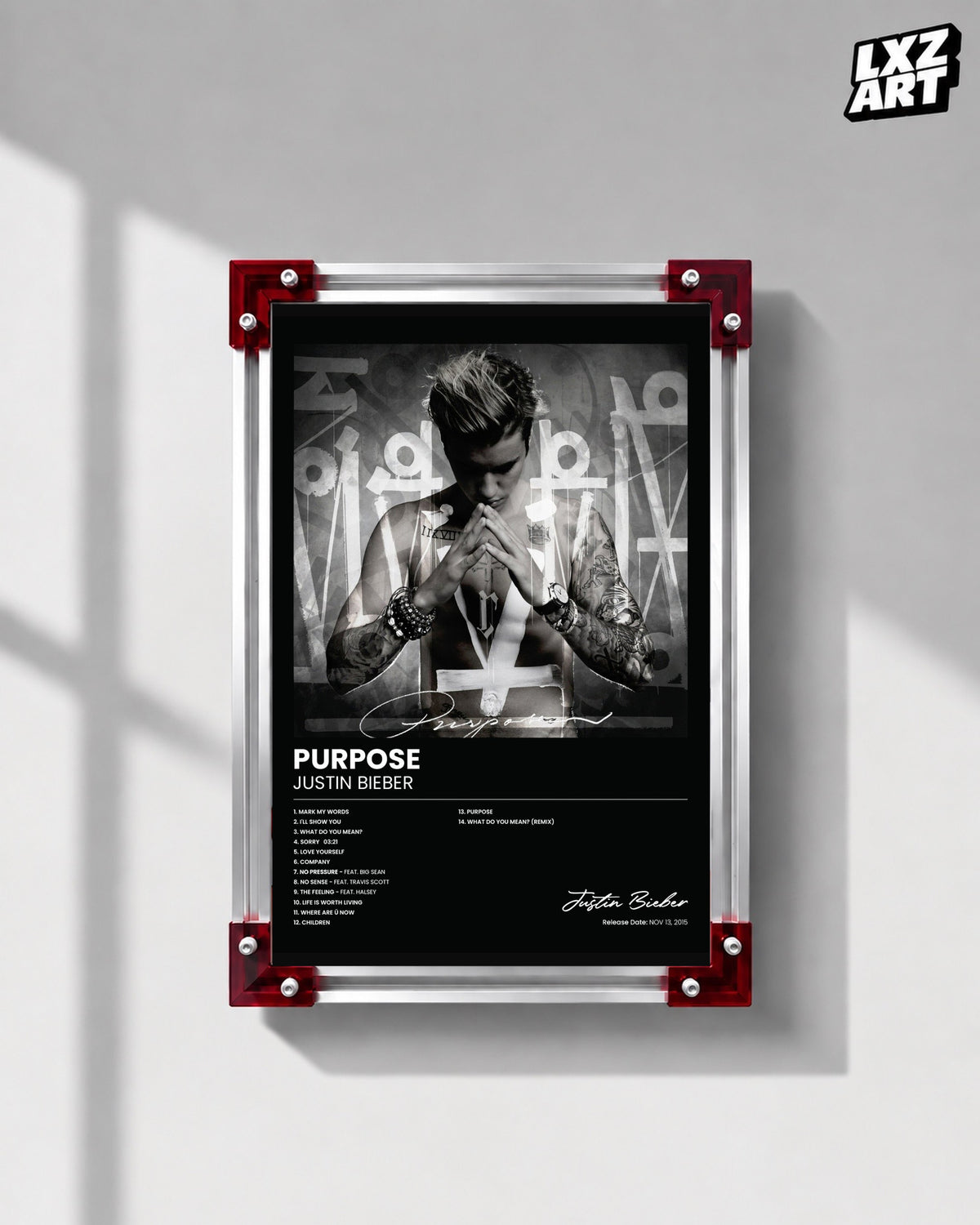 Justin Bieber Purpose Album Tracklist Poster | Unframed Wall Art — LXZART display 1; frame not included