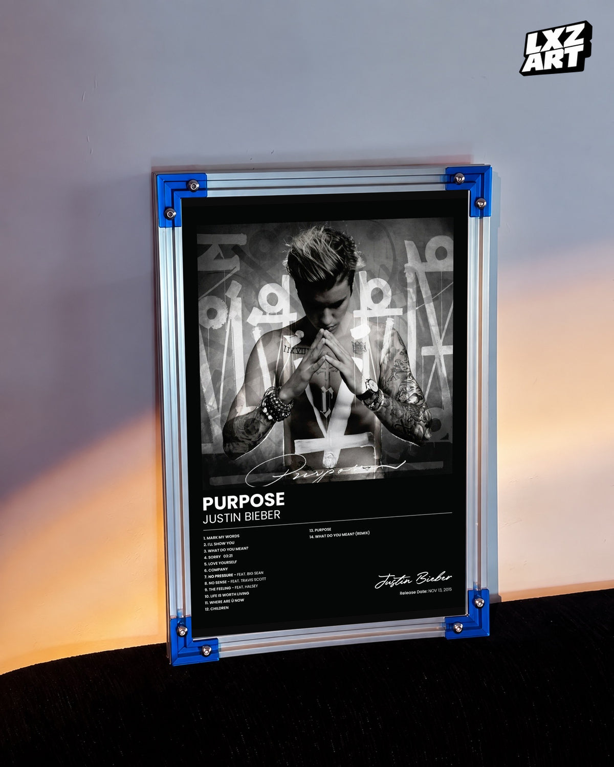 Justin Bieber Purpose Album Tracklist Poster | Unframed Wall Art — LXZART display 3; frame not included