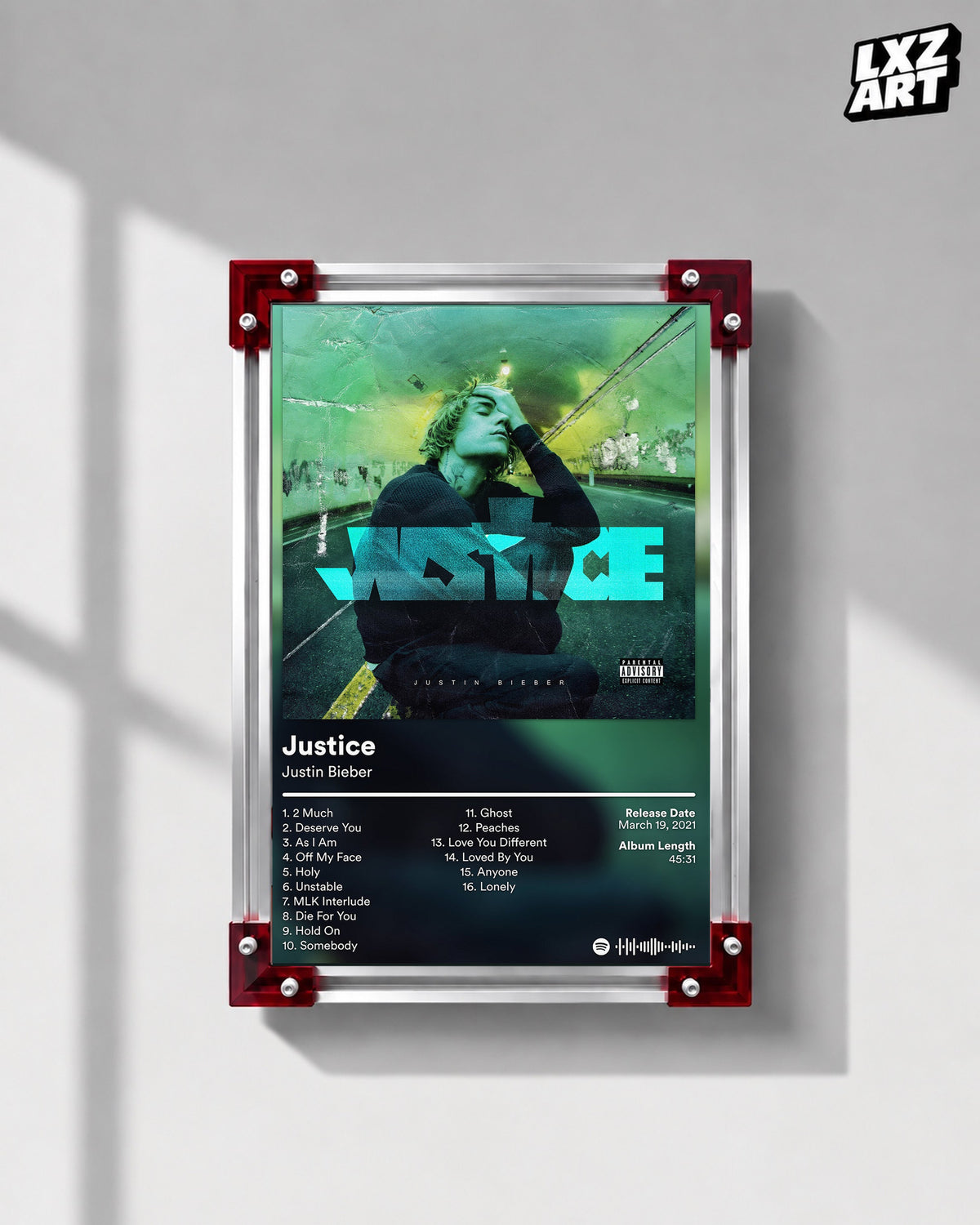 Justin Bieber Justice Album Tracklist Poster | Unframed Wall Art — LXZART display 1; frame not included