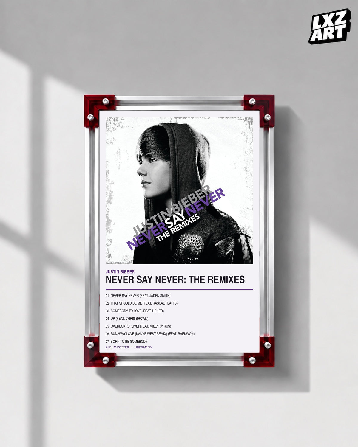 Justin Bieber Never Say Never The Remixes Album Poster | Unframed Wall Art — LXZART display 1; frame not included