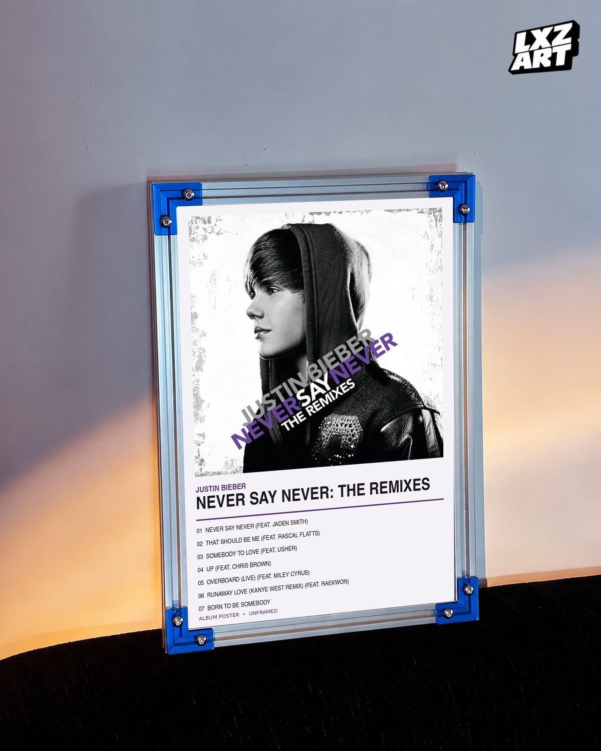 Justin Bieber Never Say Never The Remixes Album Poster | Unframed Wall Art — LXZART display 3; frame not included