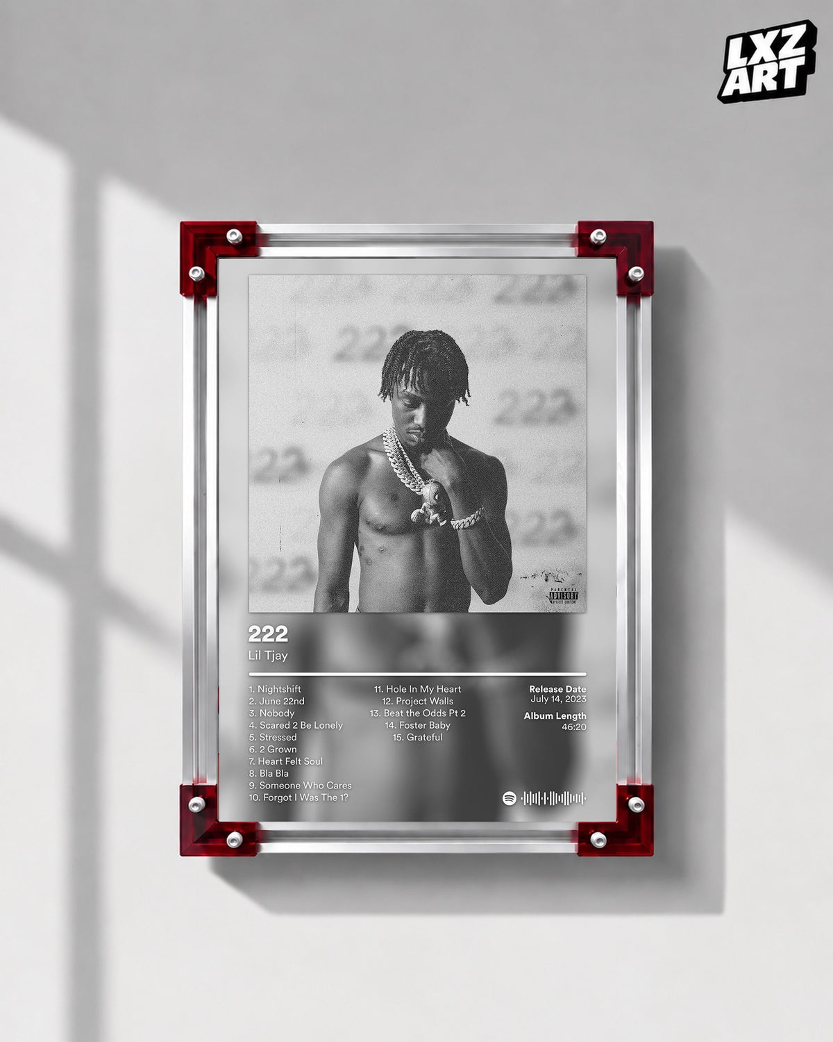 Lil Tjay 222 Monochrome Tracklist Poster | Unframed Wall Art — LXZART display 1; frame not included