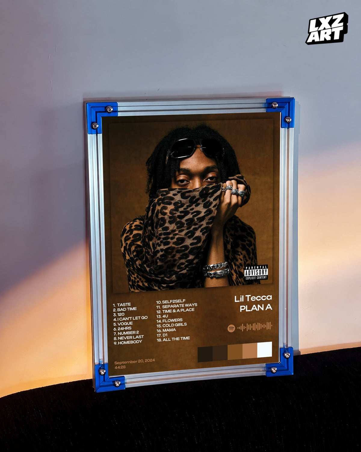 Lil Tecca PLAN A Brown and Gold Tracklist Poster | Unframed Wall Art — LXZART display 3; frame not included
