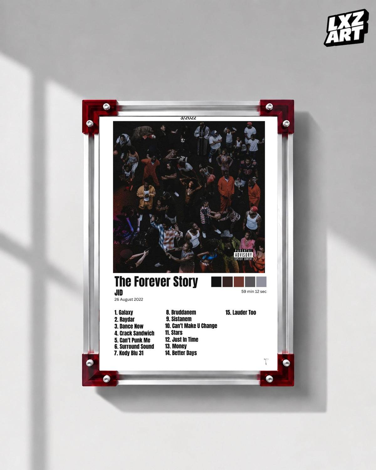 JID The Forever Story White Three-Column Tracklist Poster | Unframed Wall Art — LXZART display 1; frame not included