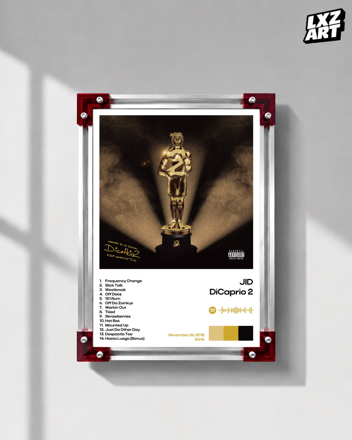 JID DiCaprio 2 White Album Information Poster | Unframed Wall Art — LXZART display 1; frame not included