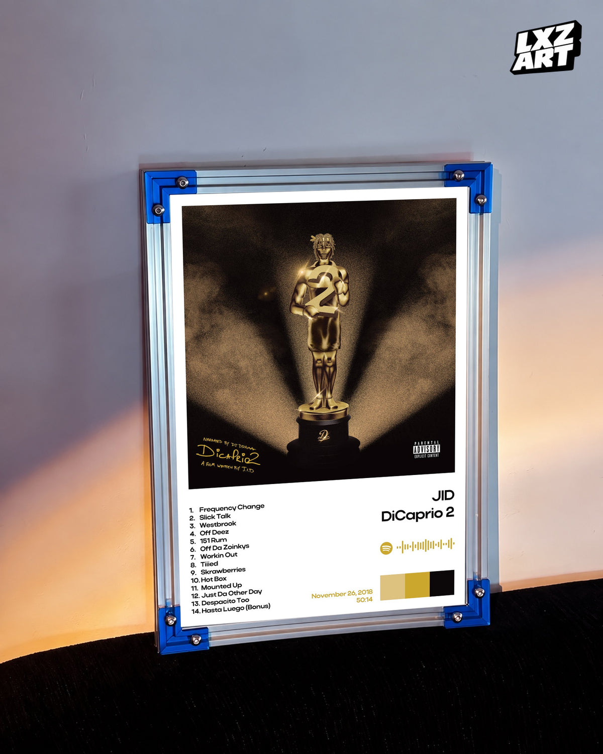 JID DiCaprio 2 White Album Information Poster | Unframed Wall Art — LXZART display 3; frame not included