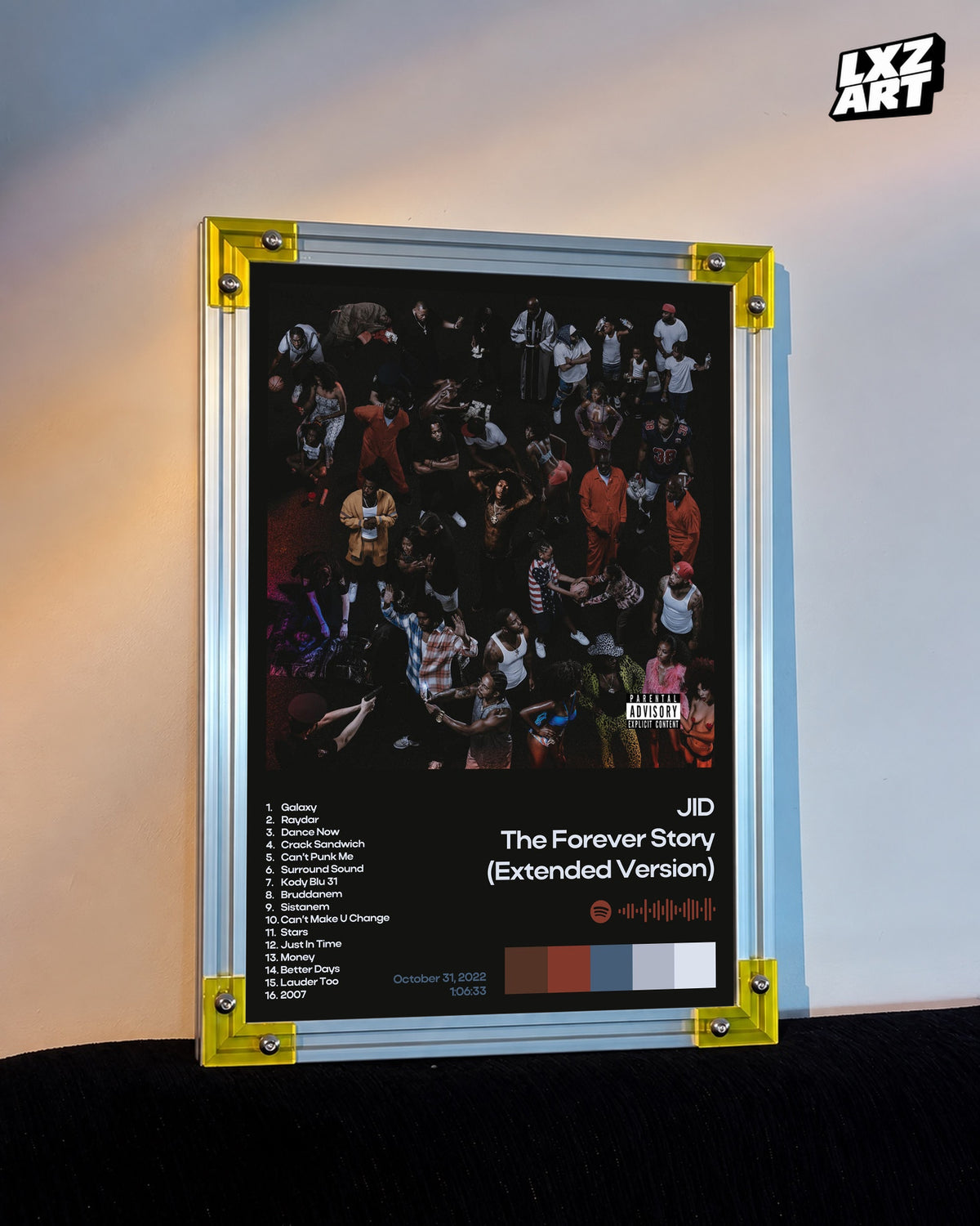 JID The Forever Story (Extended Version) Black Album Information Poster | Unframed Wall Art — LXZART display 3; frame not included