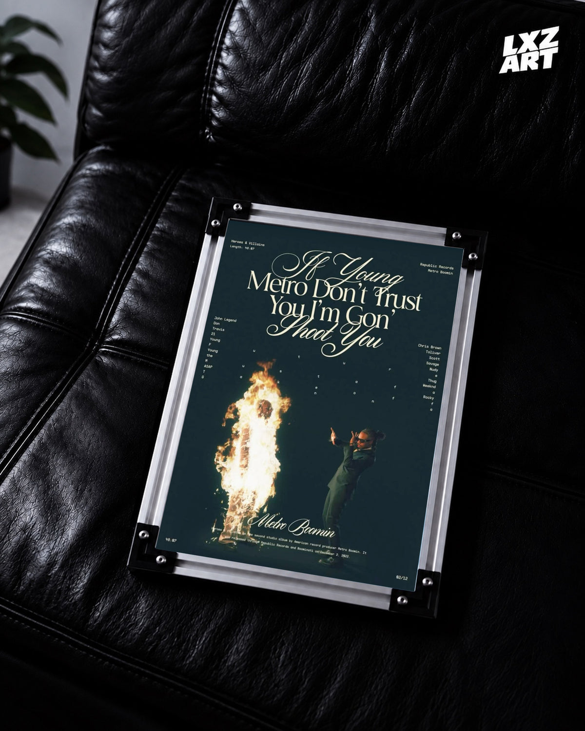 Metro Boomin Heroes & Villains Dark Green Script Poster | Unframed Wall Art — LXZART display 2; frame not included