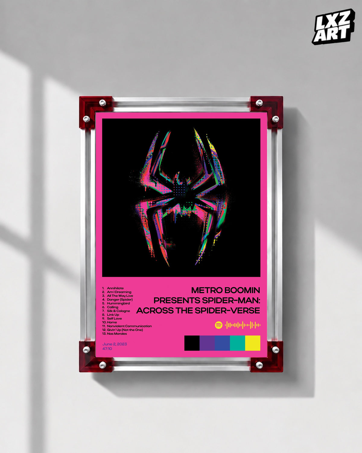 Metro Boomin Spider-Man: Across the Spider-Verse Pink Tracklist Poster | Unframed Wall Art — LXZART display 1; frame not included