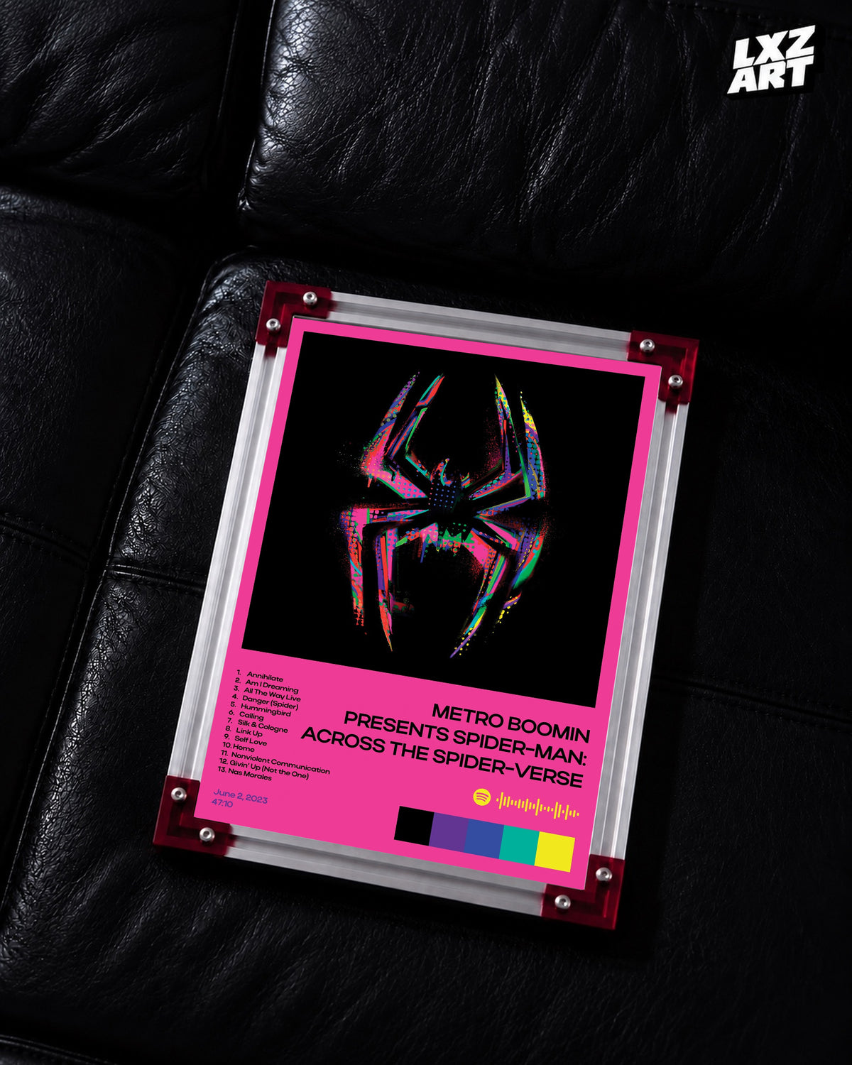 Metro Boomin Spider-Man: Across the Spider-Verse Pink Tracklist Poster | Unframed Wall Art — LXZART display 2; frame not included