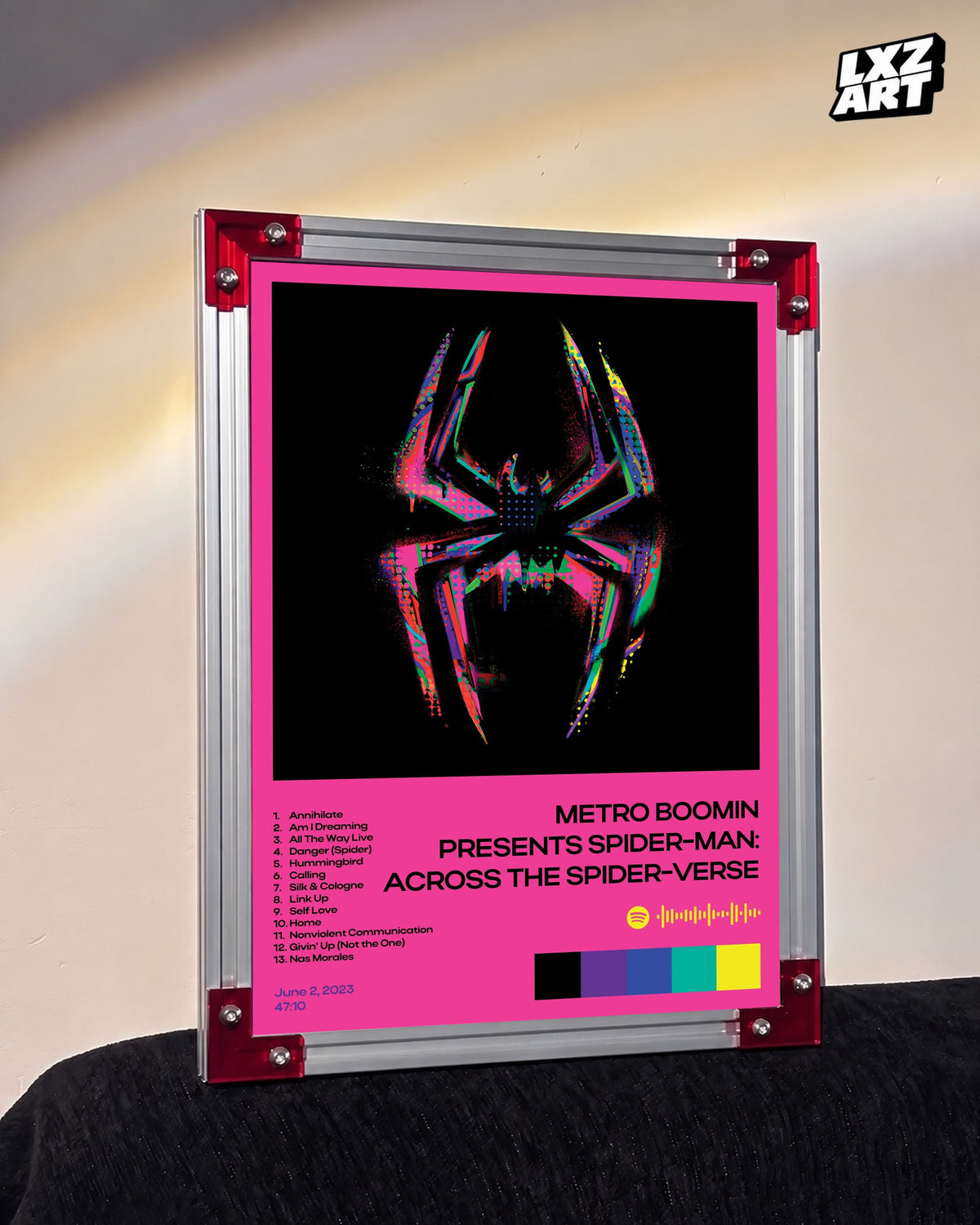 Metro Boomin Spider-Man: Across the Spider-Verse Pink Tracklist Poster | Unframed Wall Art — LXZART display 3; frame not included