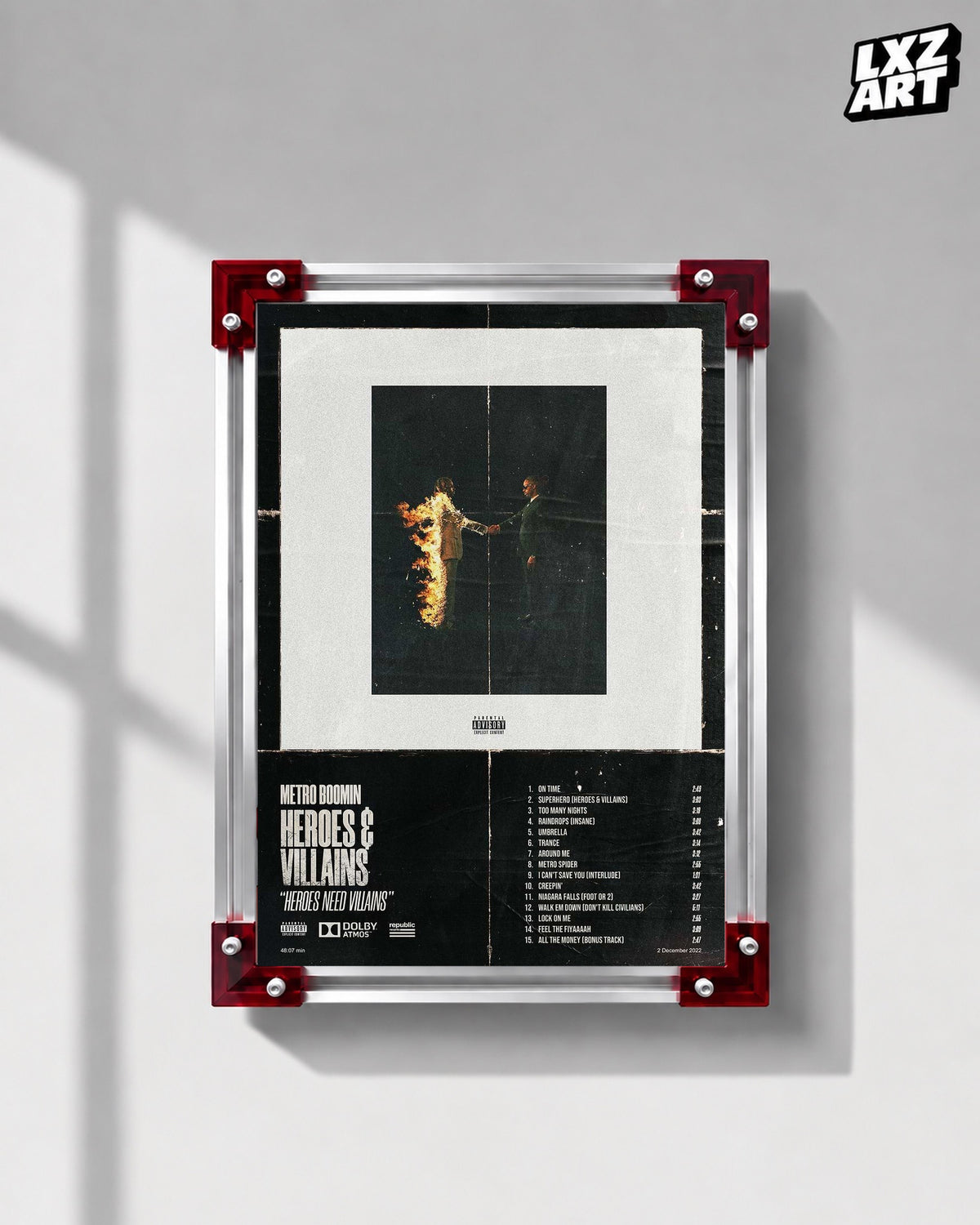 Metro Boomin Heroes & Villains Distressed Black Tracklist Poster | Unframed Wall Art — LXZART display 1; frame not included