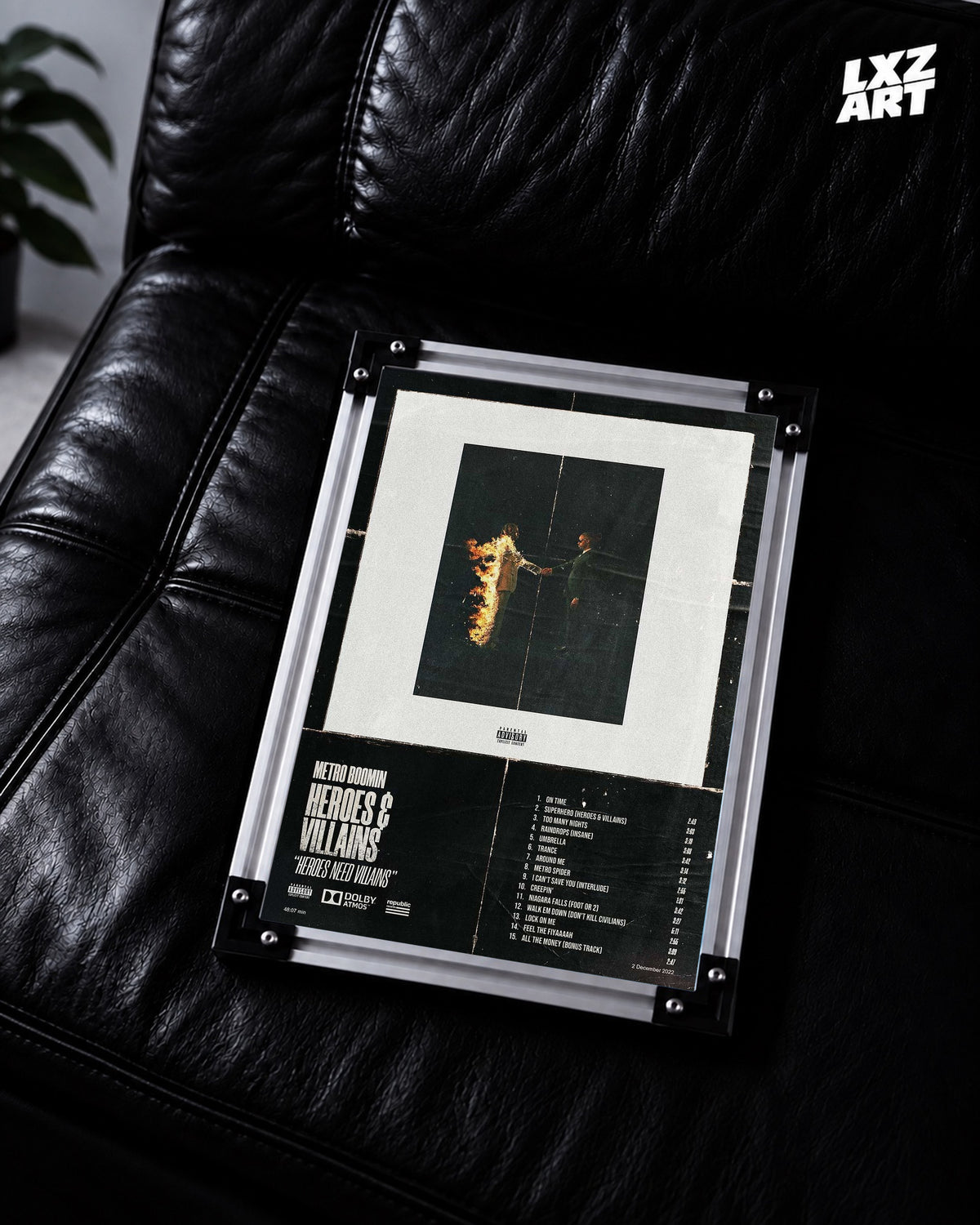 Metro Boomin Heroes & Villains Distressed Black Tracklist Poster | Unframed Wall Art — LXZART display 2; frame not included