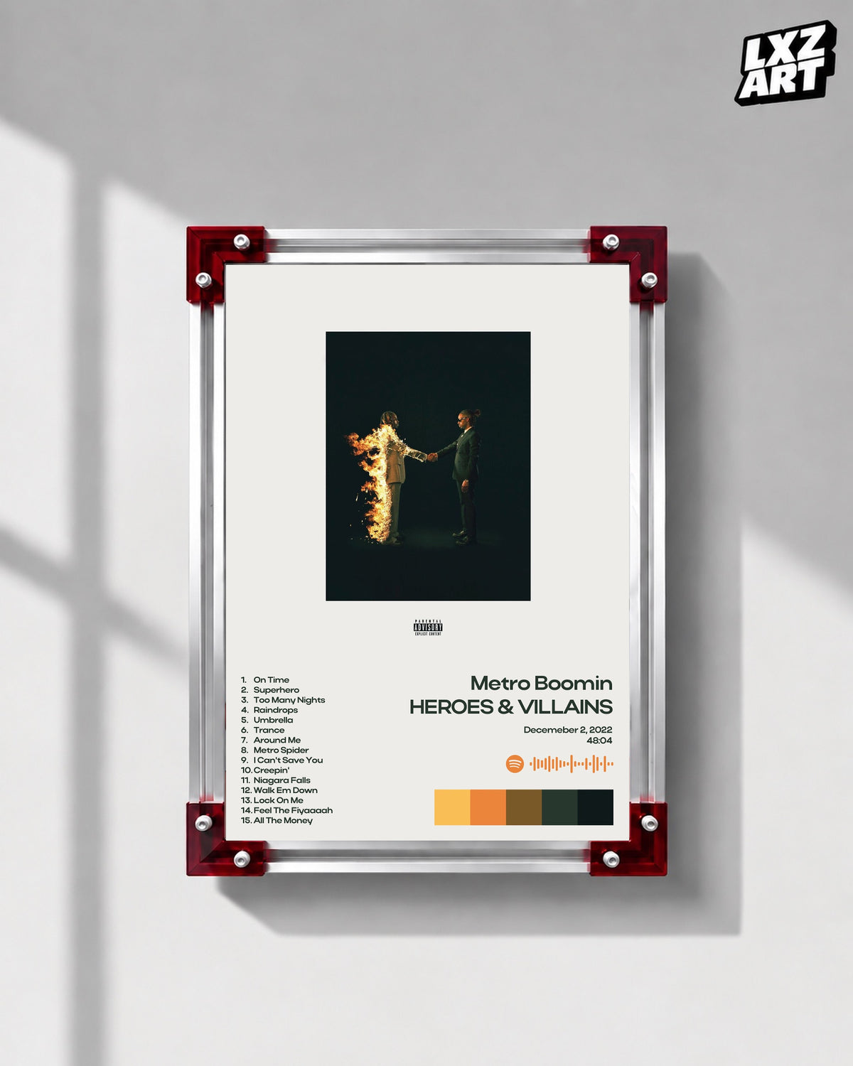 Metro Boomin Heroes & Villains White Minimal Tracklist Poster | Unframed Wall Art — LXZART display 1; frame not included
