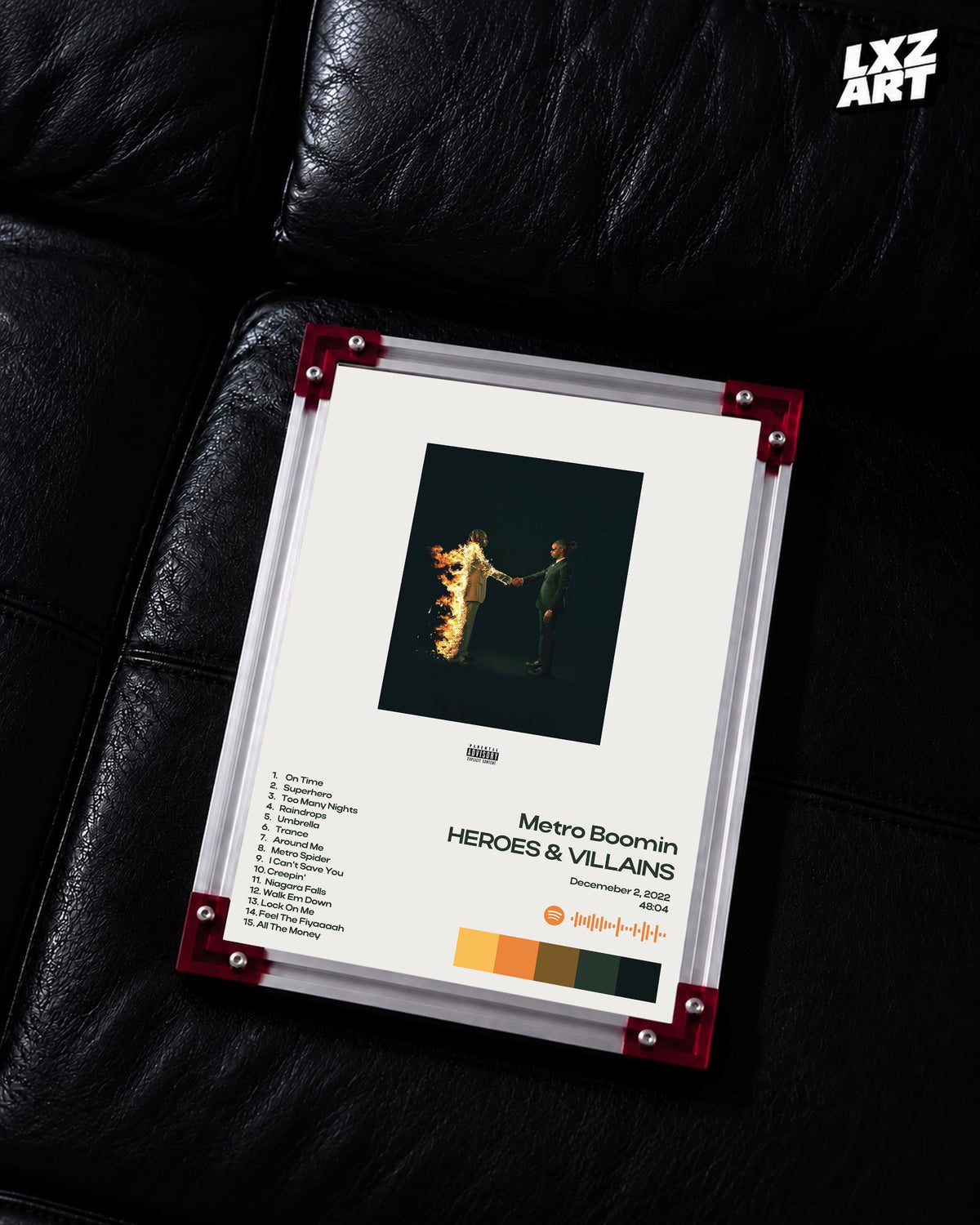 Metro Boomin Heroes & Villains White Minimal Tracklist Poster | Unframed Wall Art — LXZART display 2; frame not included