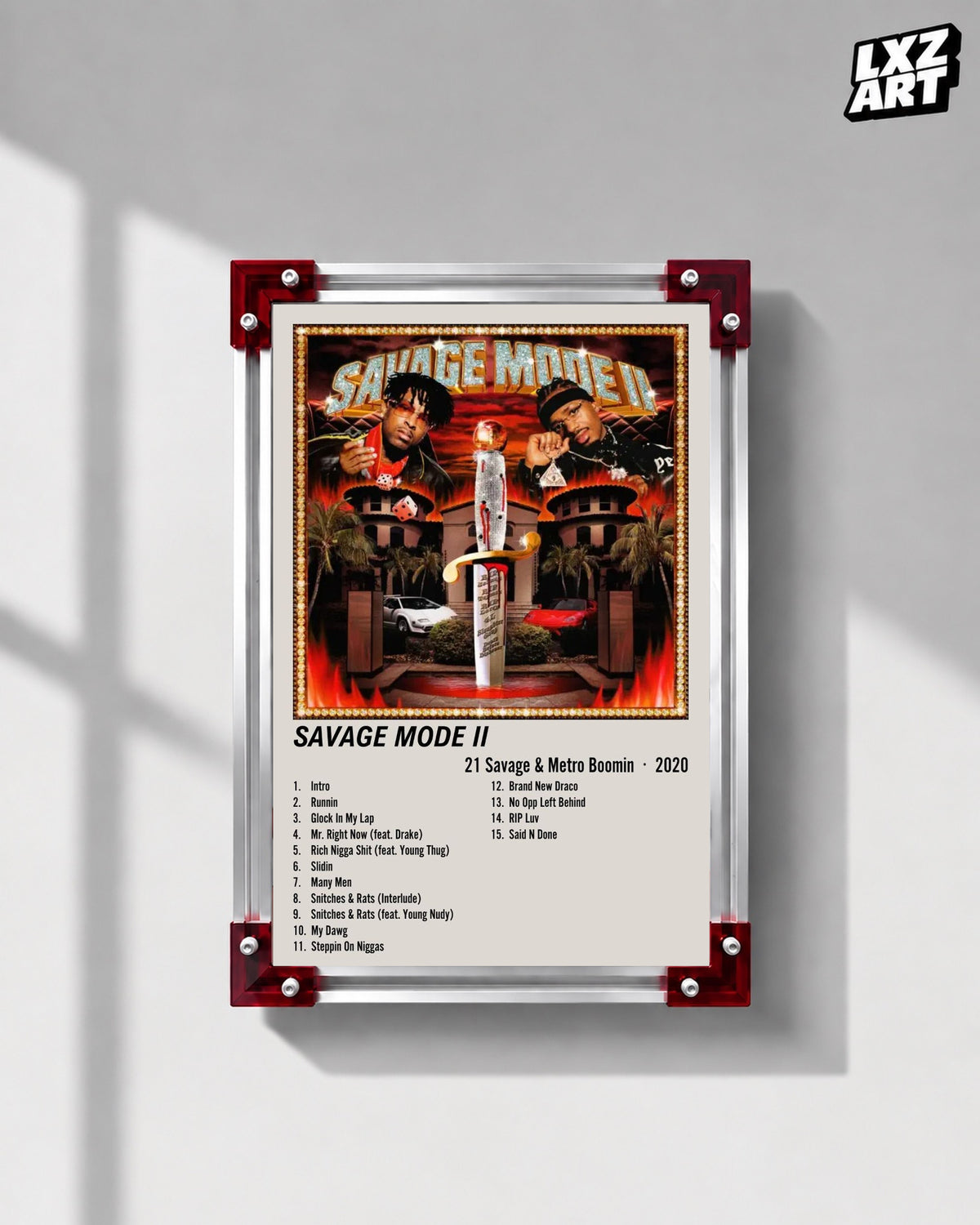 Metro Boomin Savage Mode II Cream Two-Column Tracklist Poster | Unframed Wall Art — LXZART display 1; frame not included