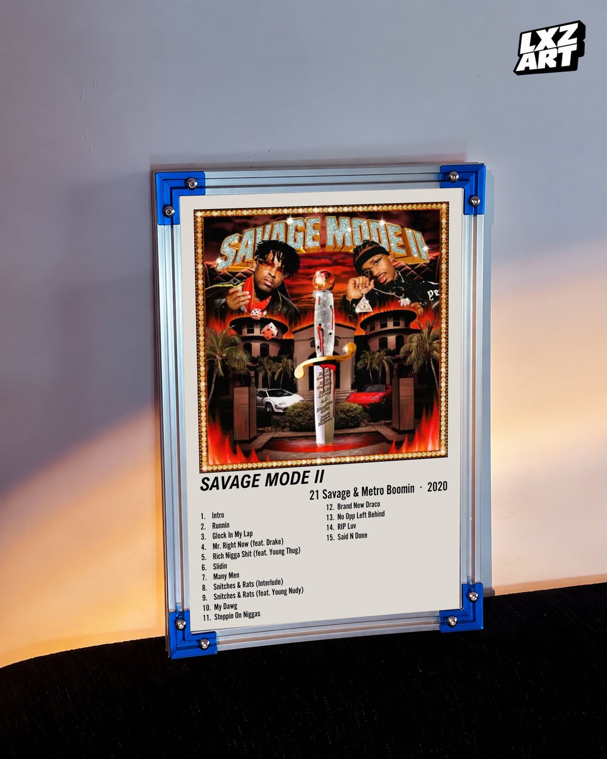 Metro Boomin Savage Mode II Cream Two-Column Tracklist Poster | Unframed Wall Art — LXZART display 3; frame not included