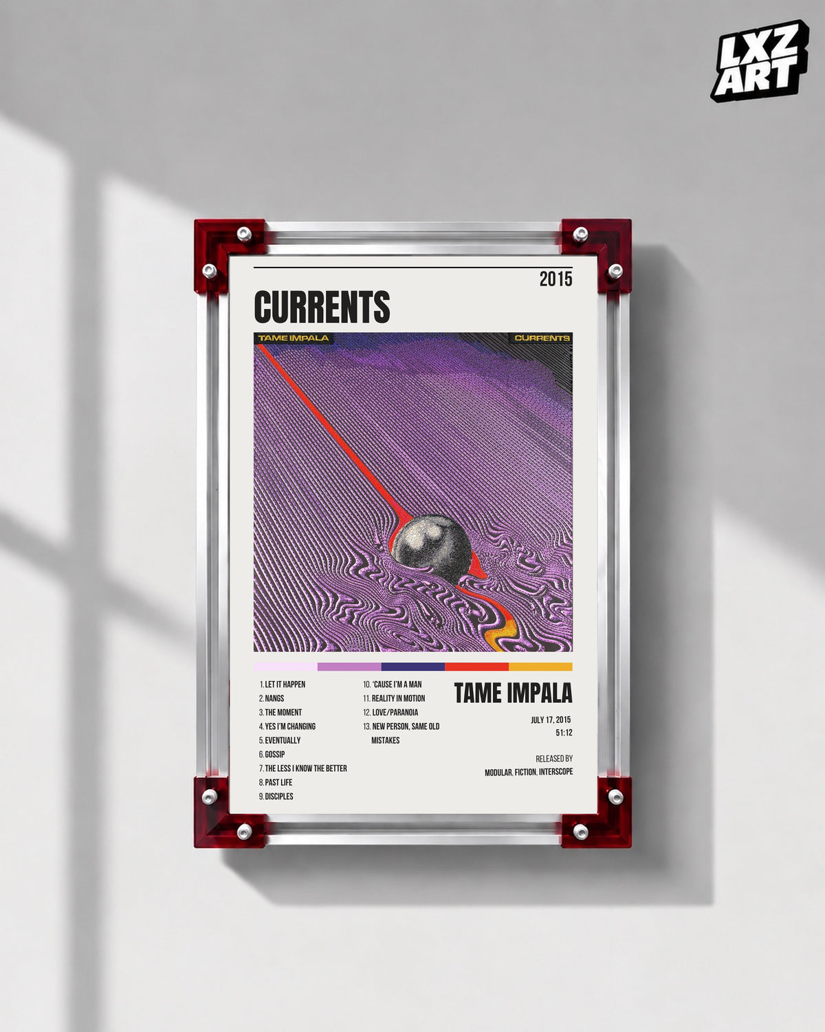 Tame Impala Currents White Header Tracklist Poster | Unframed Wall Art — LXZART display 1; frame not included