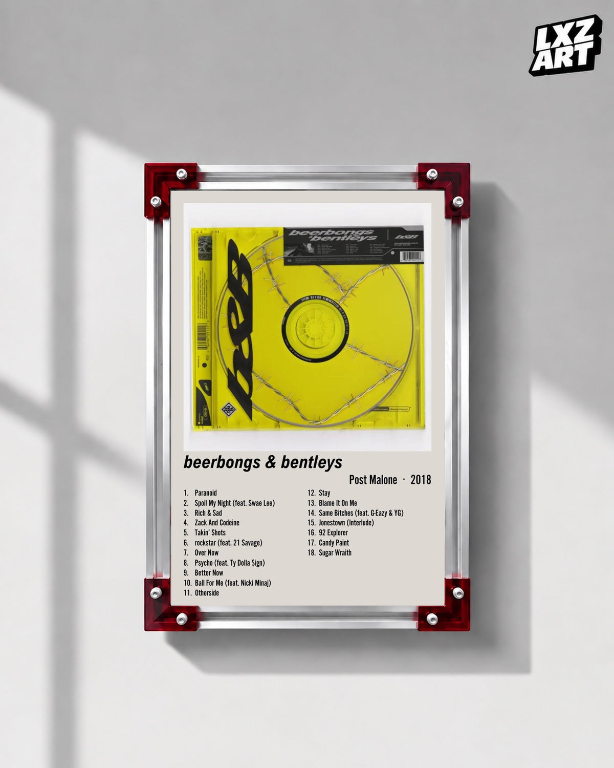 Post Malone beerbongs & bentleys Cream Two-Column Tracklist Poster | Unframed Wall Art — LXZART display 1; frame not included
