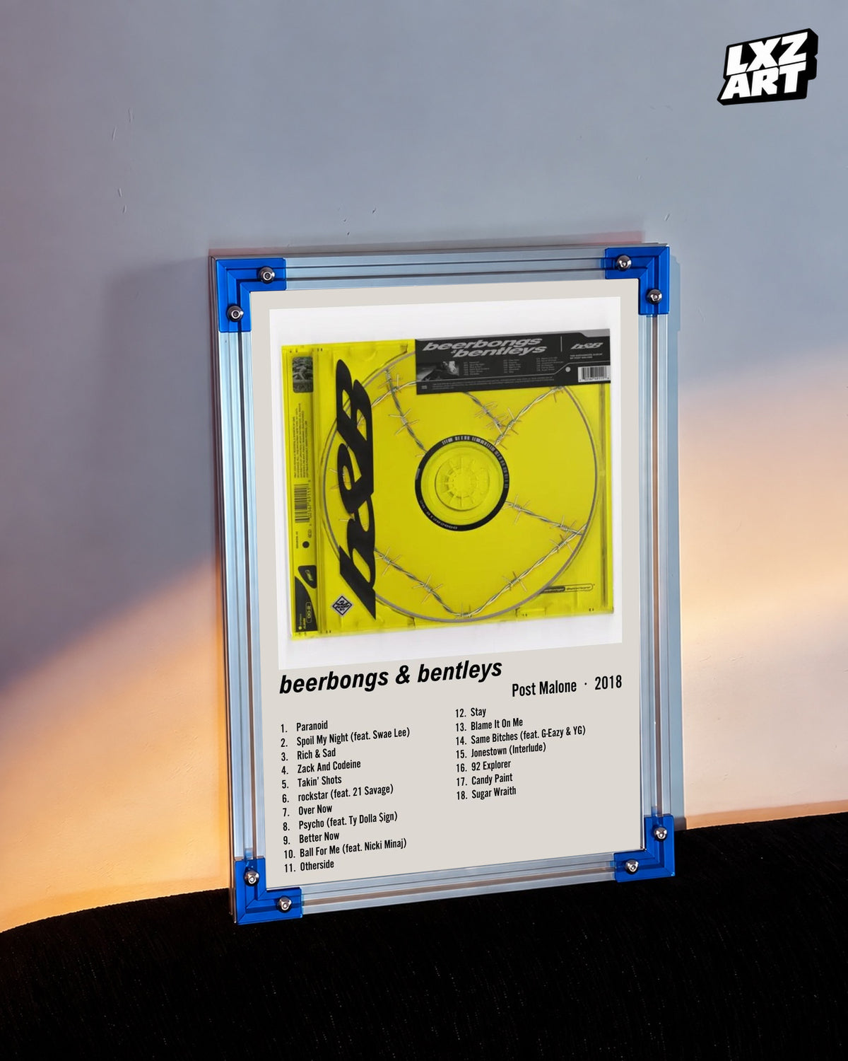 Post Malone beerbongs & bentleys Cream Two-Column Tracklist Poster | Unframed Wall Art — LXZART display 3; frame not included