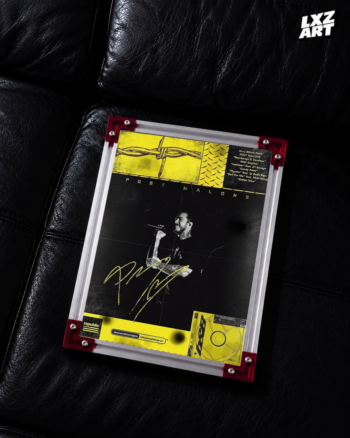 Post Malone beerbongs & bentleys Yellow Performance Collage Poster | Unframed Wall Art — LXZART display 2; frame not included