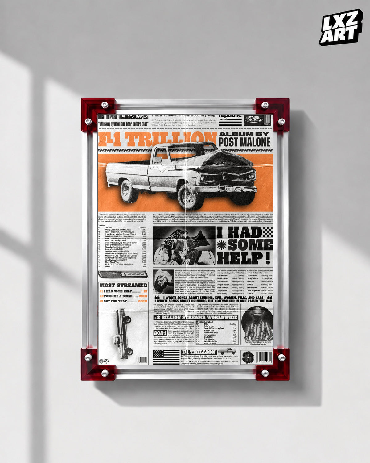 Post Malone F-1 Trillion Orange Editorial Collage Poster | Unframed Wall Art — LXZART display 1; frame not included