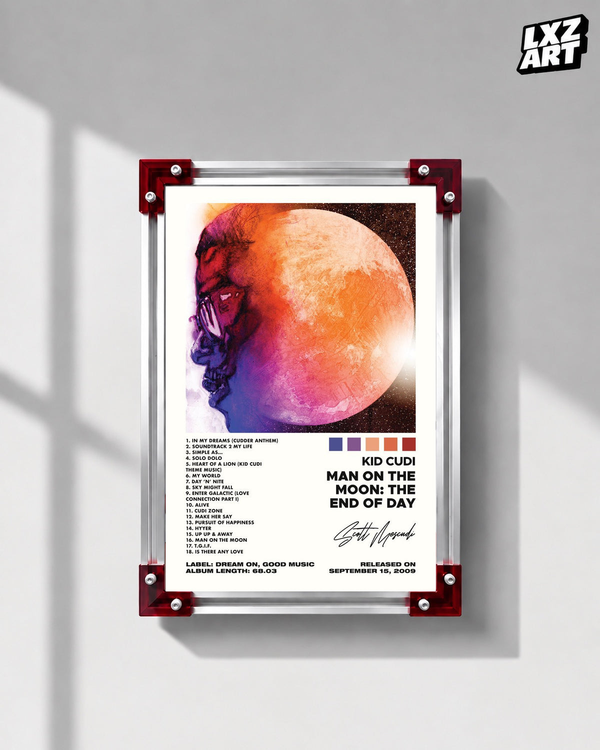 Kid Cudi Man on the Moon: The End of Day White Signature Tracklist Poster | Unframed Wall Art — LXZART display 1; frame not included