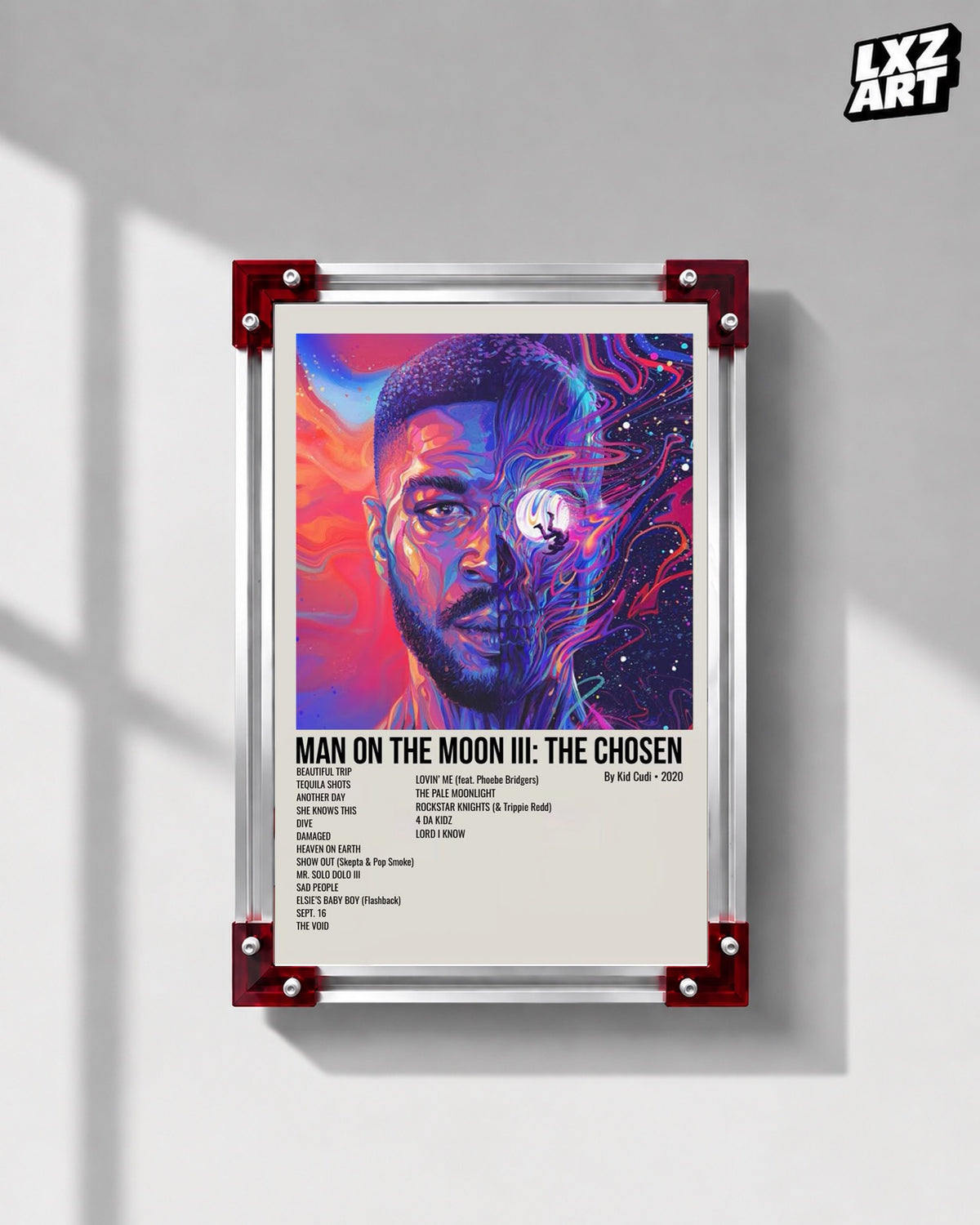 Kid Cudi Man on the Moon III: The Chosen Cream Tracklist Poster | Unframed Wall Art — LXZART display 1; frame not included