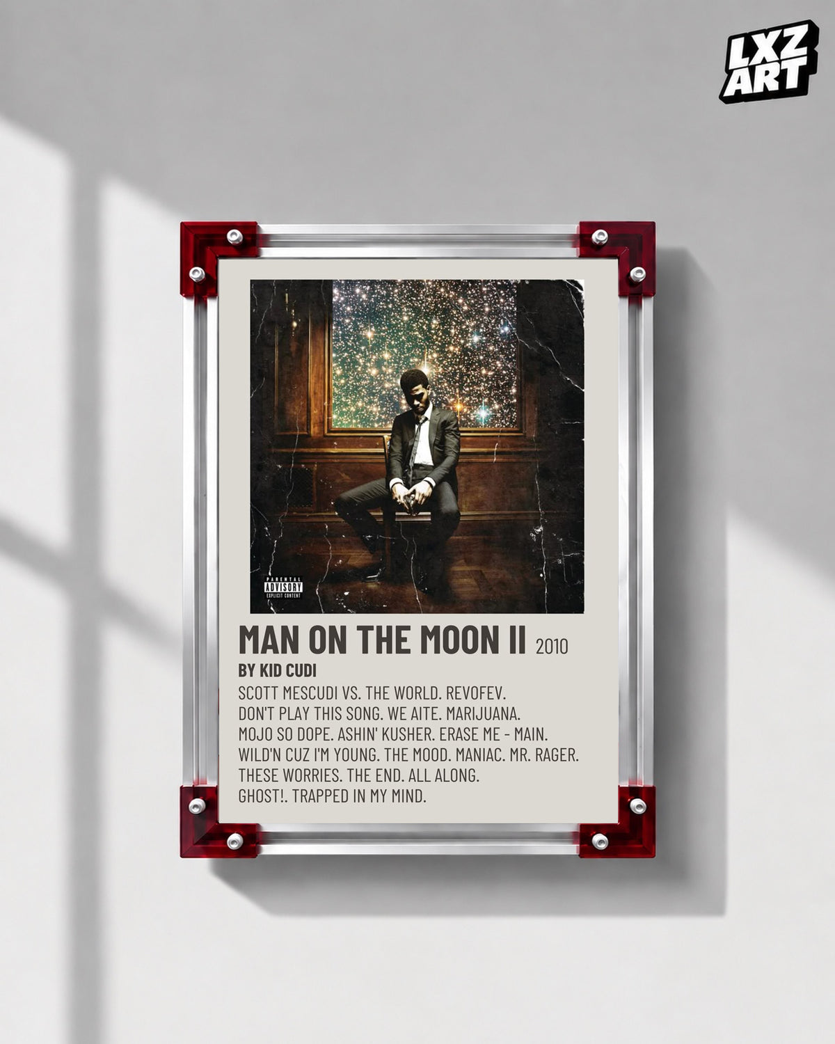 Kid Cudi Man on the Moon II: The Legend of Mr. Rager Minimal Cream Tracklist Poster | Unframed Wall Art — LXZART display 1; frame not included