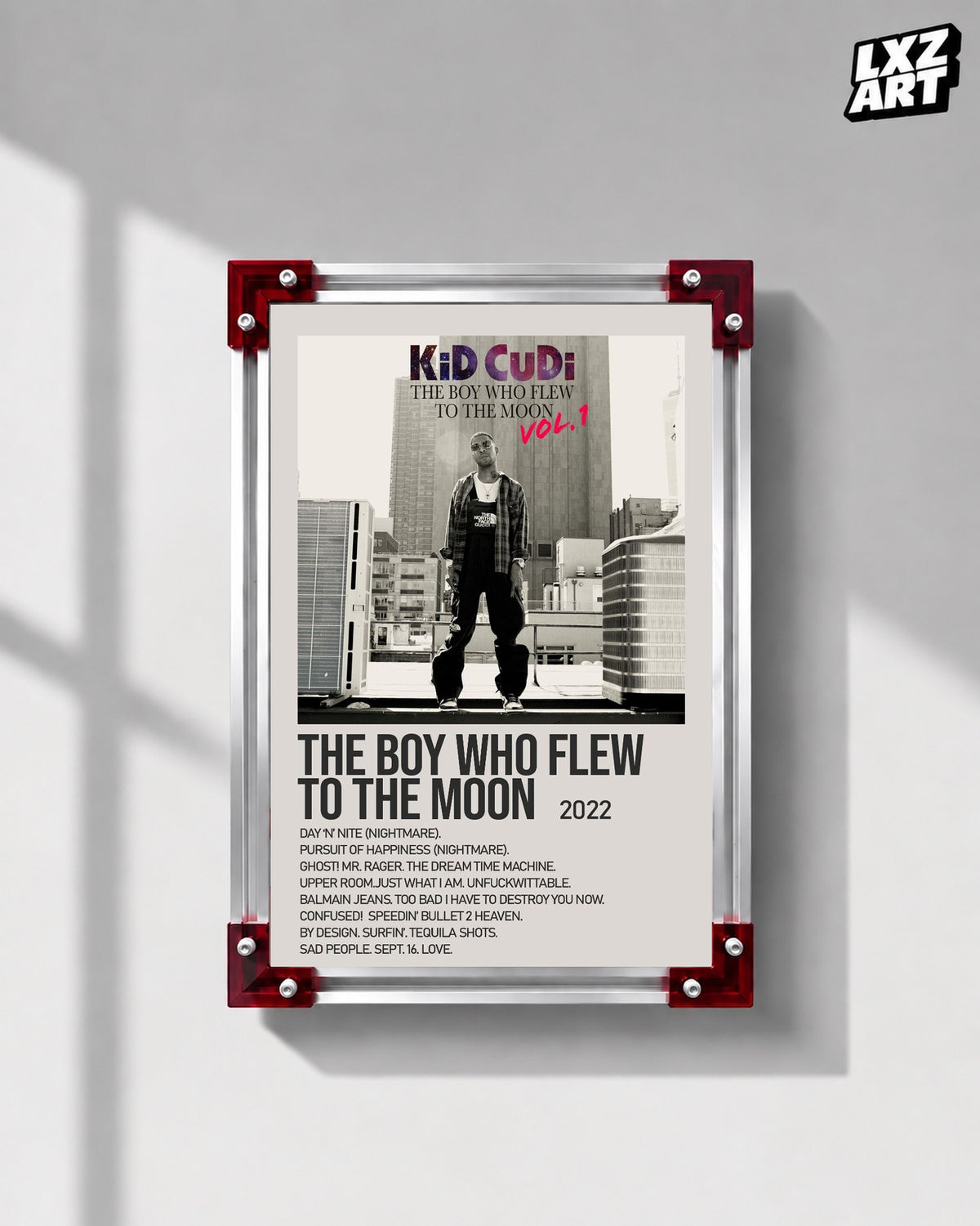 Kid Cudi The Boy Who Flew to the Moon Vol. 1 Cream Rooftop Tracklist Poster | Unframed Wall Art — LXZART display 1; frame not included