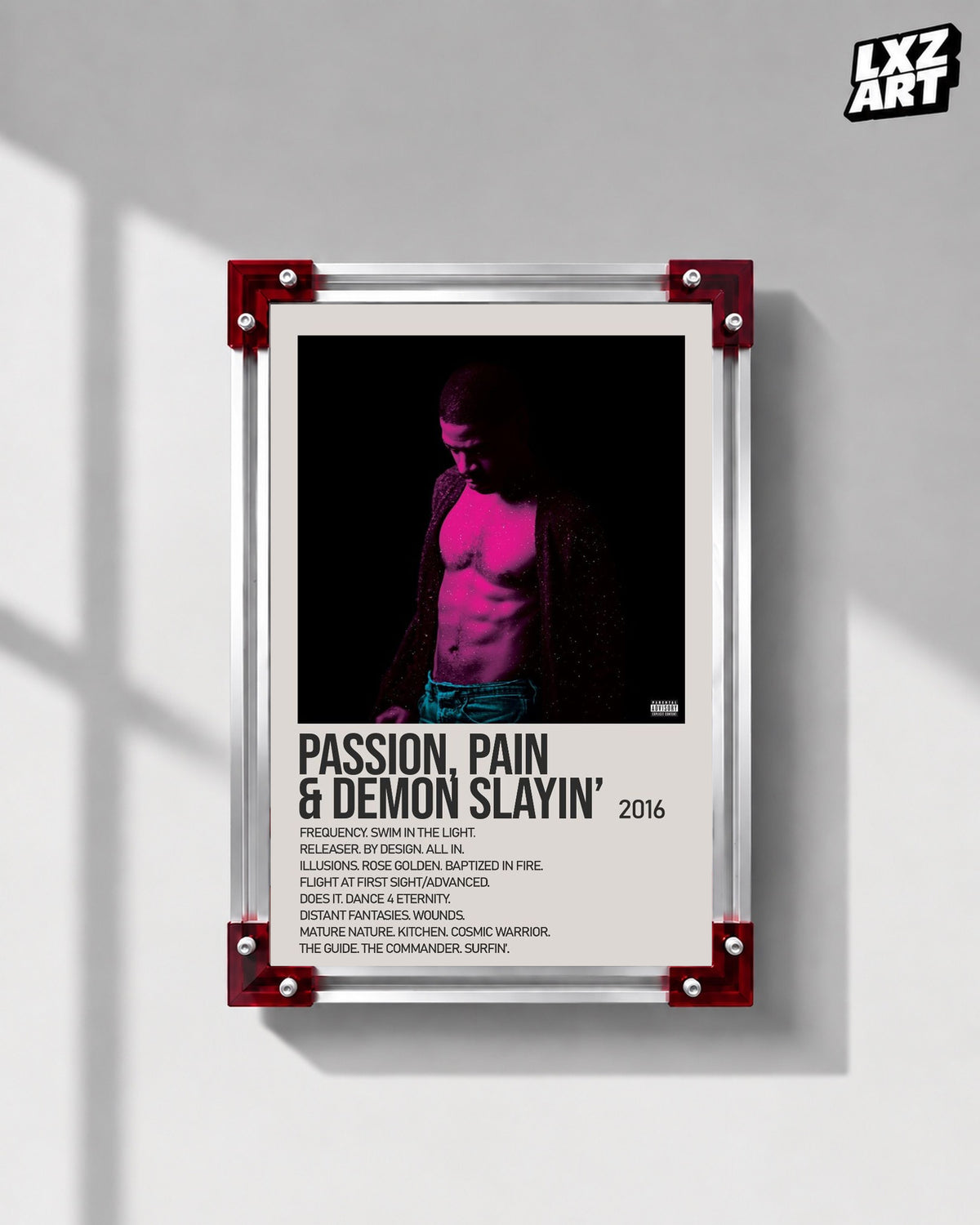 Kid Cudi Passion, Pain & Demon Slayin' Cream Magenta Tracklist Poster | Unframed Wall Art — LXZART display 1; frame not included